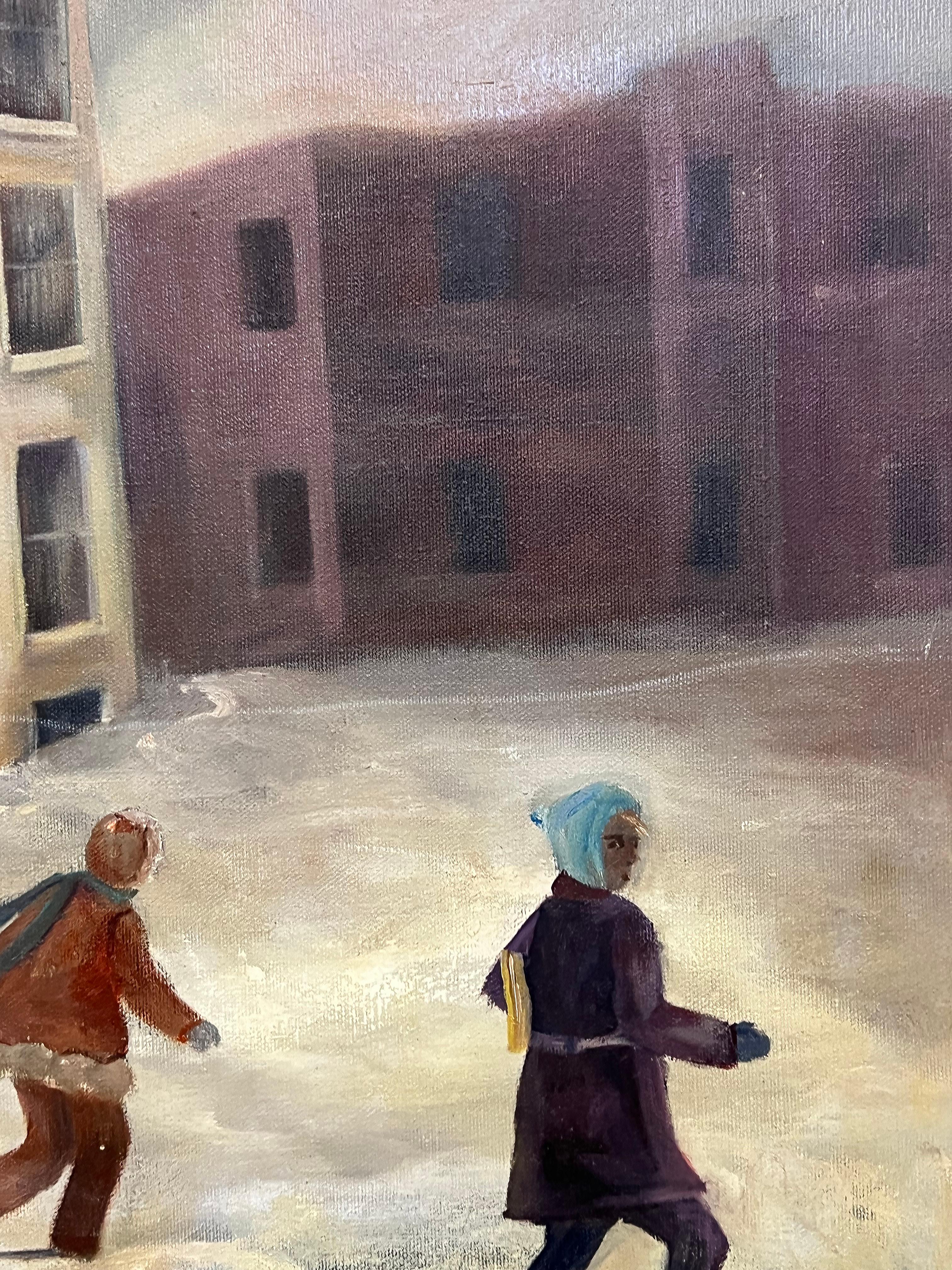 1940s WPA School Escena de invierno Pintura al óleo de A. Stuz Pintado a mano en venta