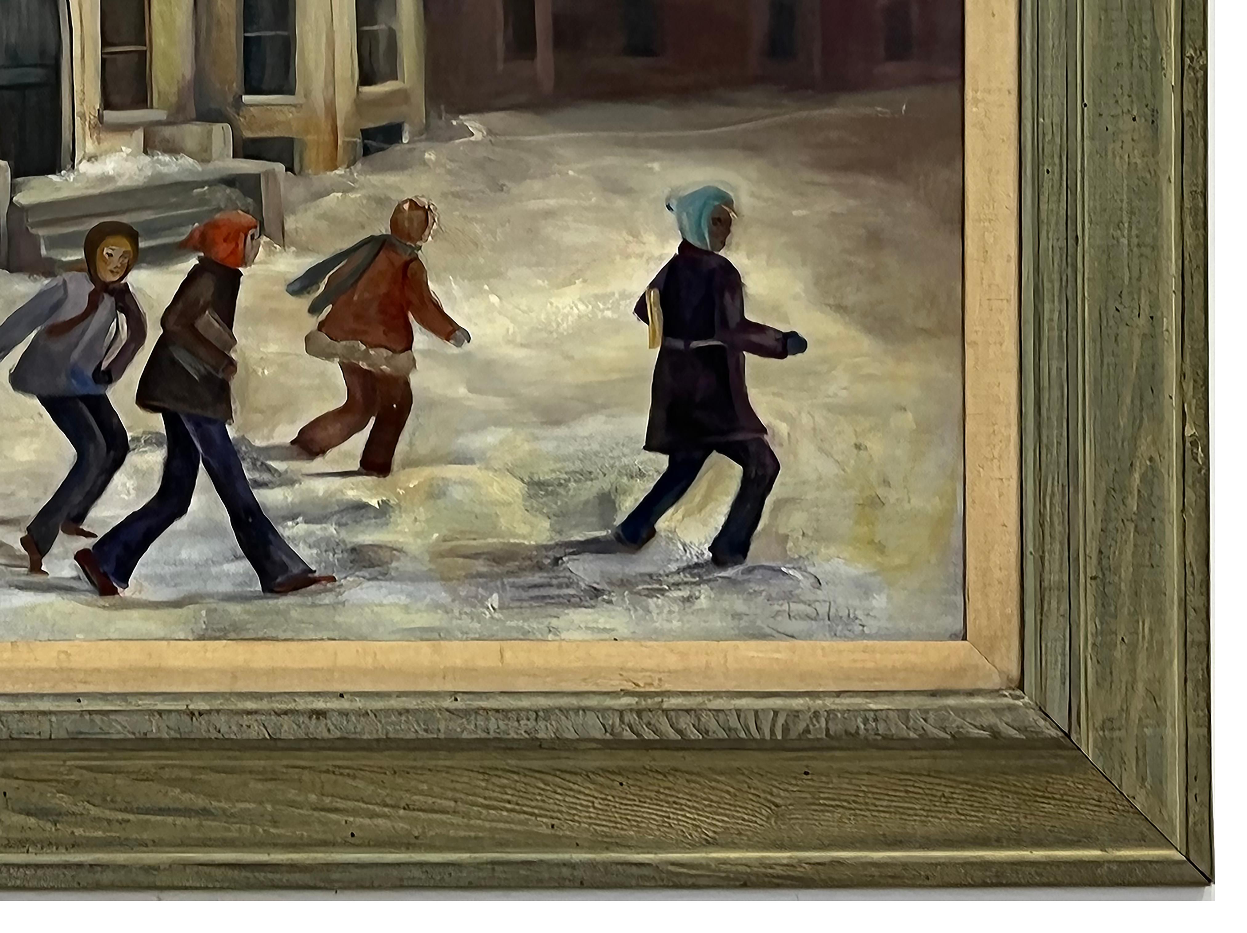 1940s WPA School Escena de invierno Pintura al óleo de A. Stuz en Bueno estado para la venta en Miami, FL