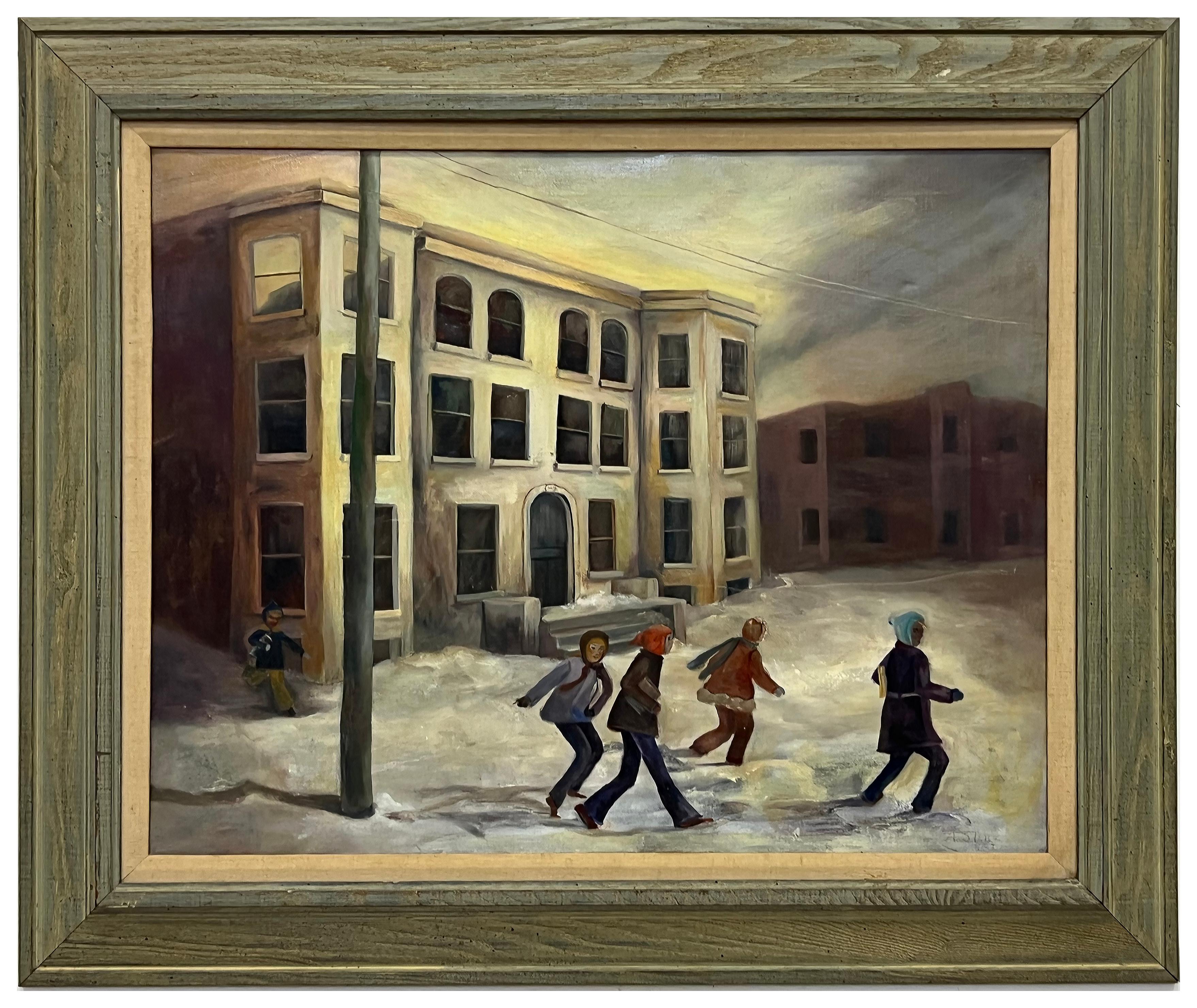 1940s WPA School Escena de invierno Pintura al óleo de A. Stuz mediados del siglo XX en venta