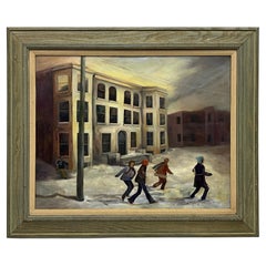 1940s WPA School Escena de invierno Pintura al óleo de A. Stuz