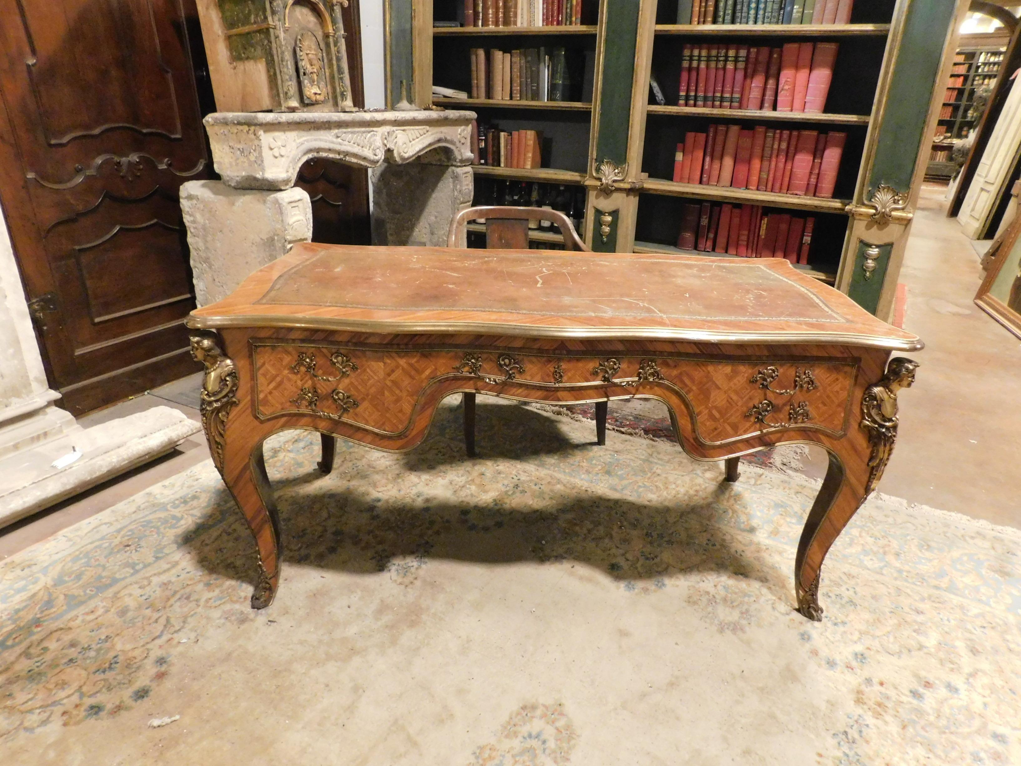 Italian 1940s Writing Table, with Drawers and Gilded Bronzes, Italy For Sale