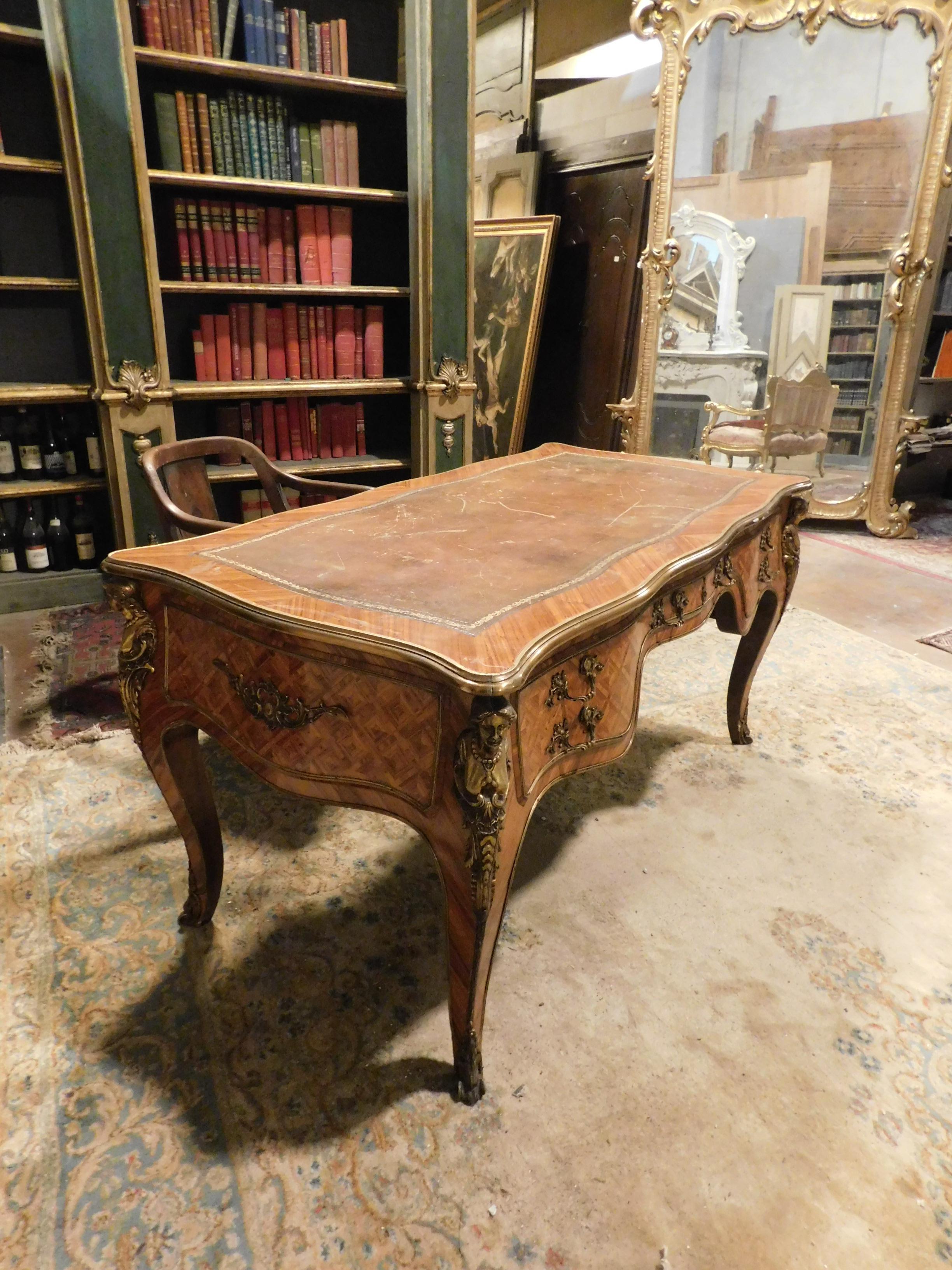 Hand-Carved 1940s Writing Table, with Drawers and Gilded Bronzes, Italy For Sale