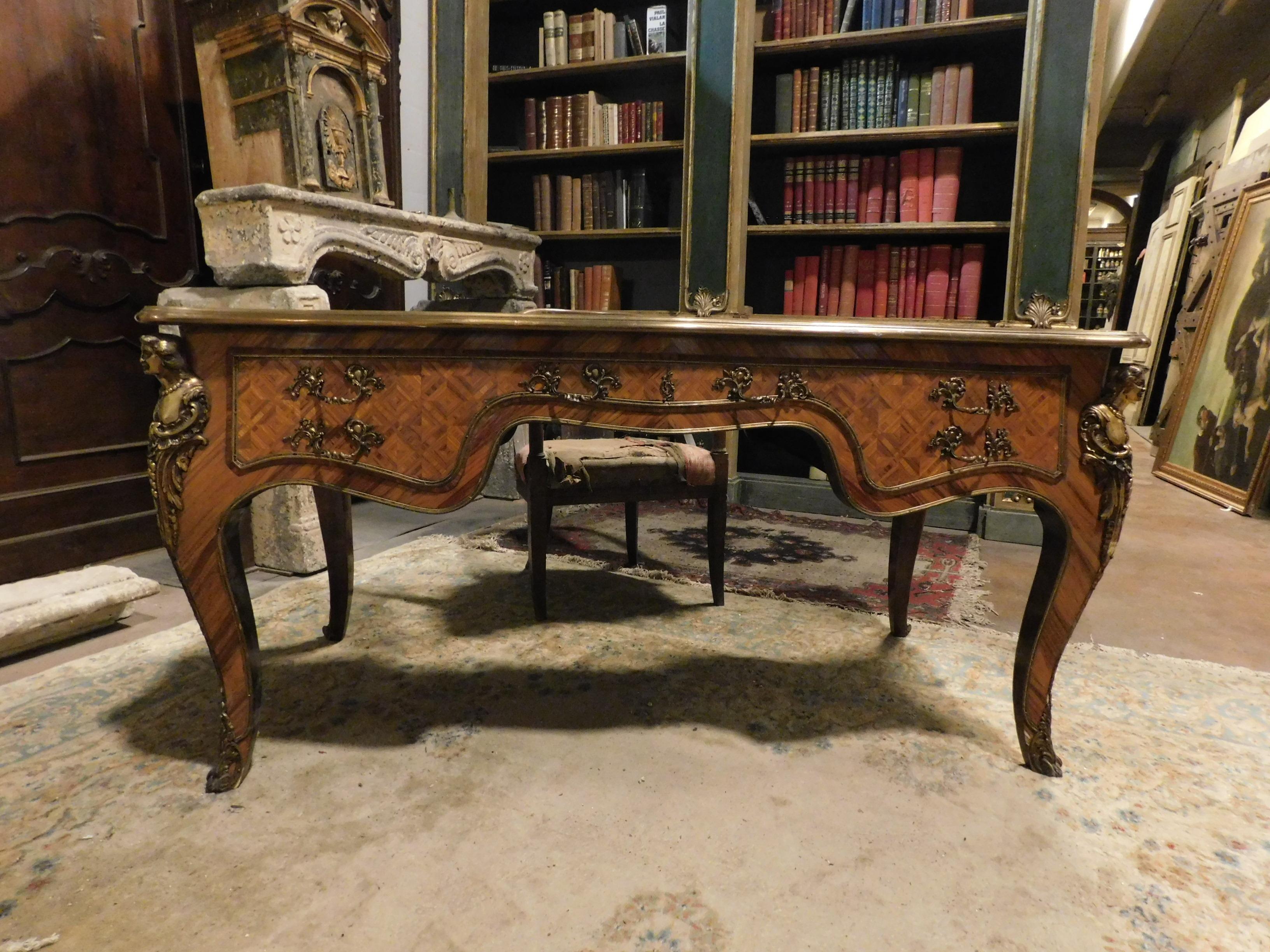 Mid-20th Century 1940s Writing Table, with Drawers and Gilded Bronzes, Italy For Sale