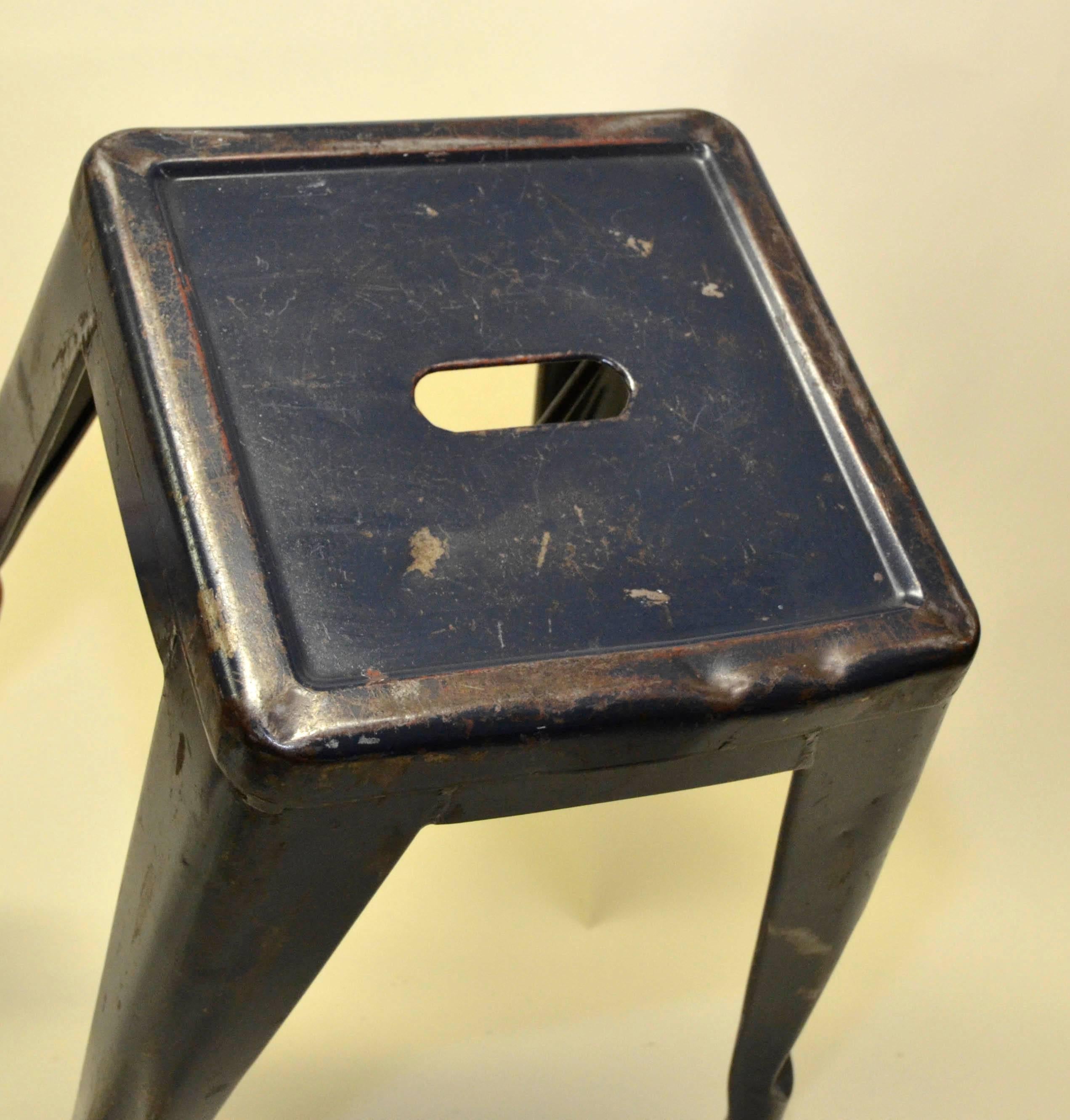 1940s Xavier Pauchard pair of industrial vintage model H24 blue navy enamel metal Tolix stools for the French Air Force. 

French Air Force symbol at the bottom of the stools.

Collector’s note:

This set of two model H45 vintage stools were