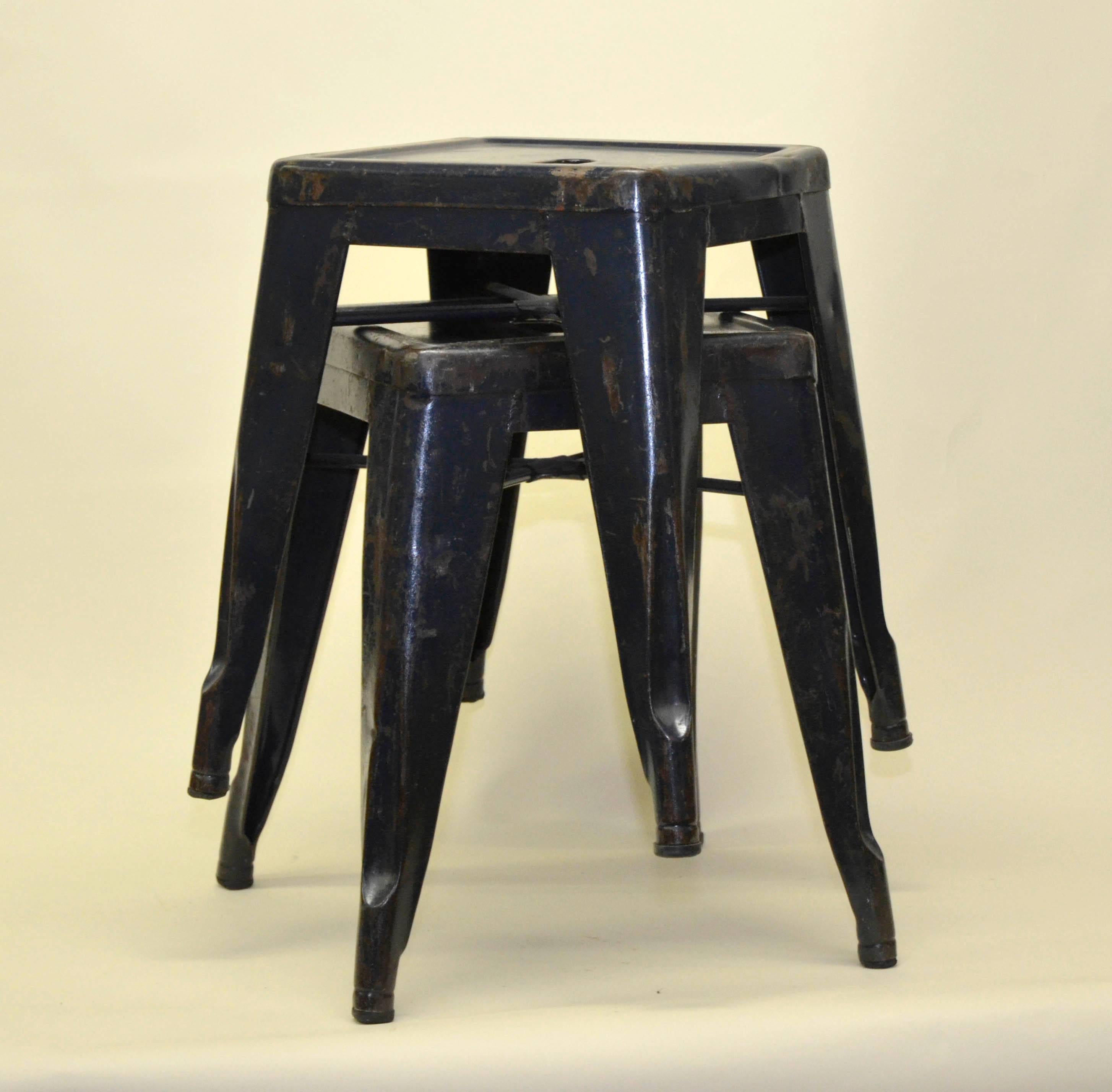 1940s Xavier Pauchard Pair of Blue Navy Metal Tolix Stools for French Air Force For Sale 1