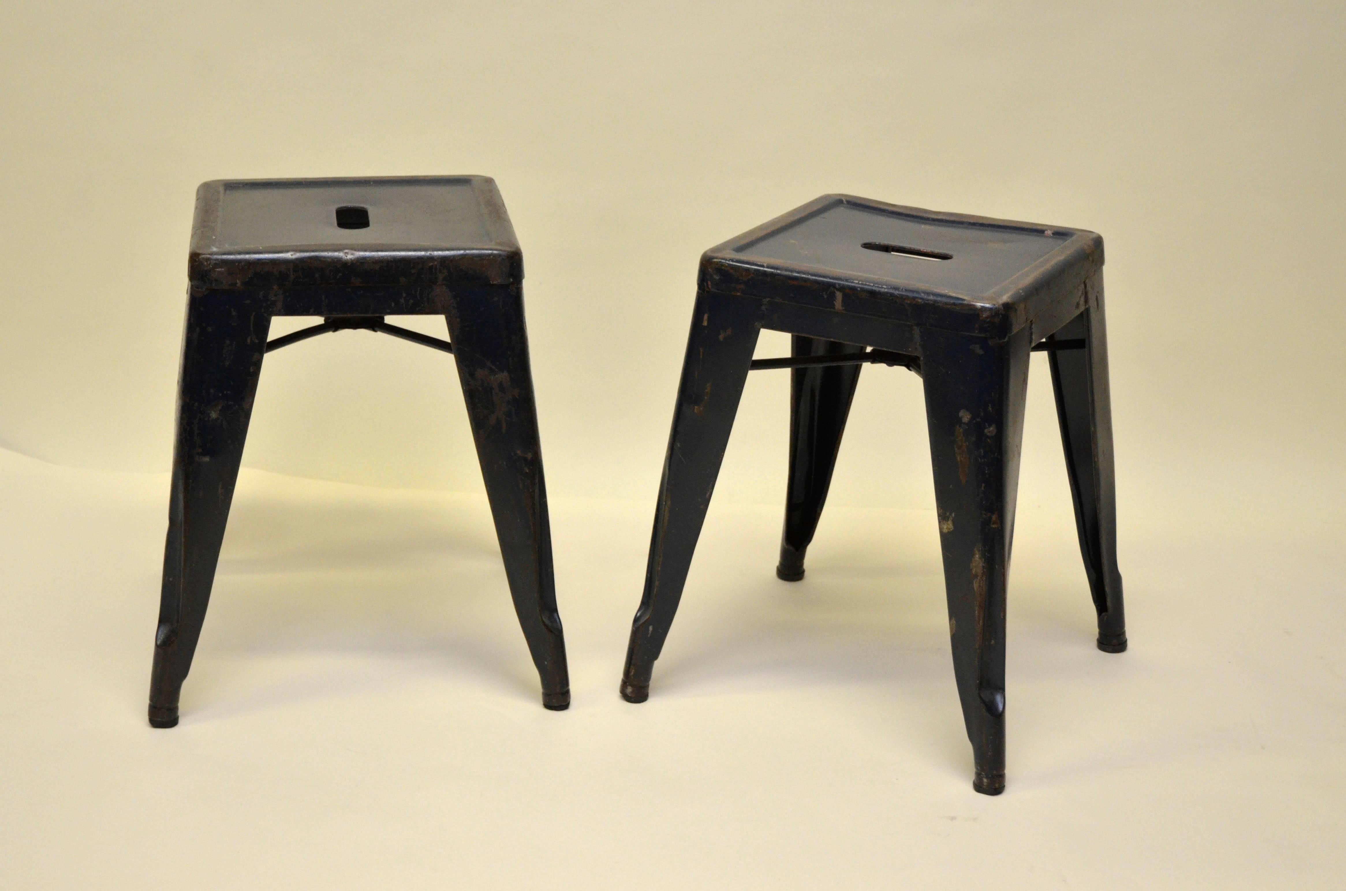 1940s Xavier Pauchard Pair of Blue Navy Metal Tolix Stools for French Air Force For Sale 3