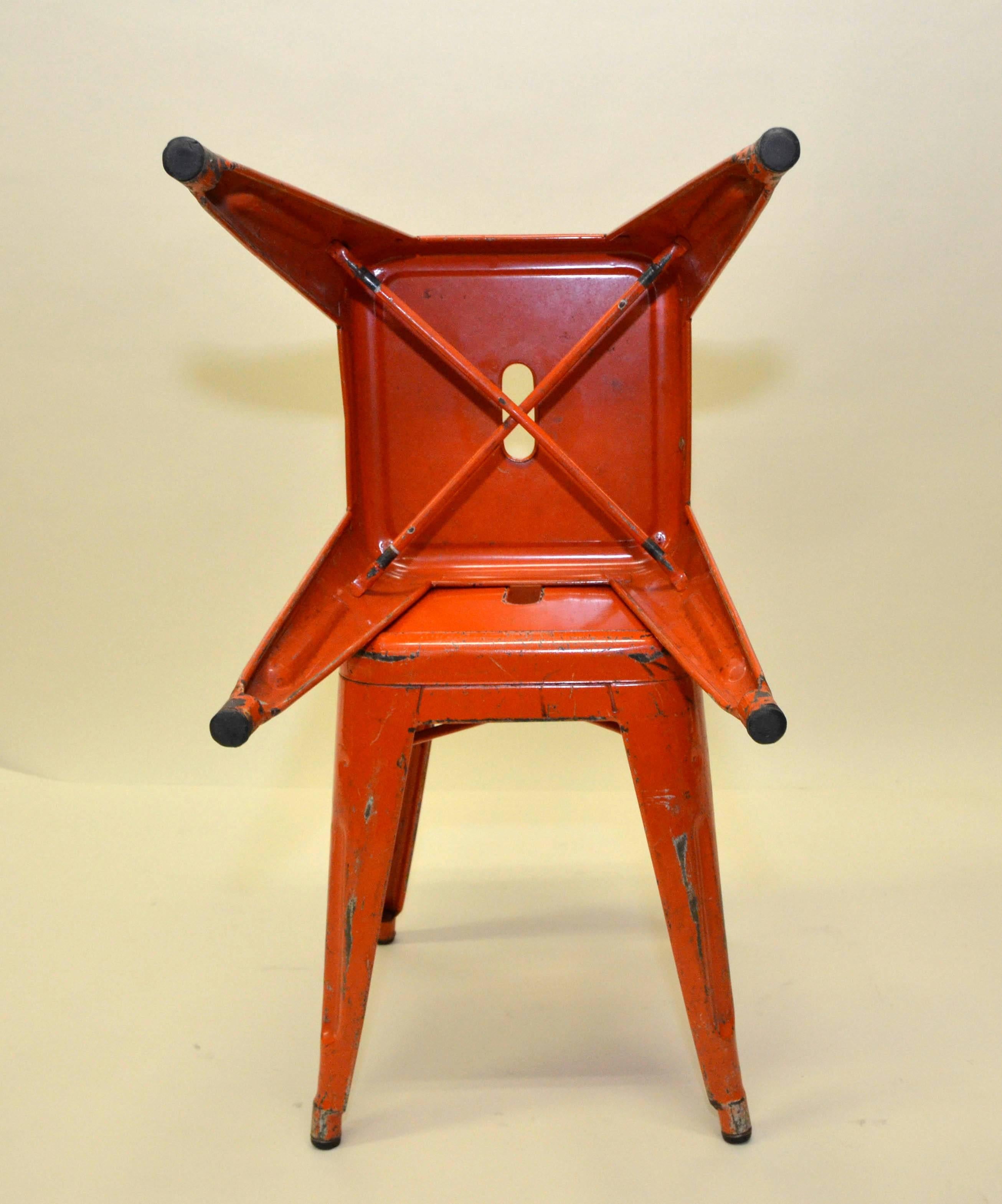 Industrial 1940s Xavier Pauchard Pair of Model H45 Orange Enamel Metal Tolix Stools