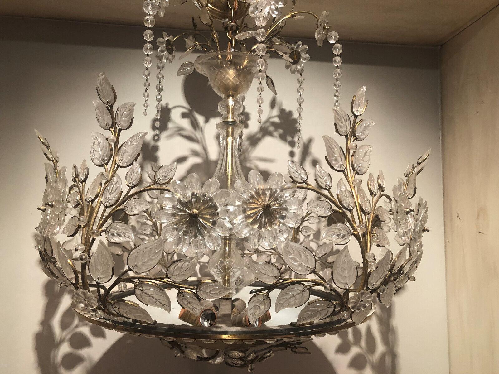 Large 1940's Hollywood Regency Cut Crystal Floral Petals and Vine Bouquet Chandelier attrib. Maison Bagues. 6 lights tucked in the basin. Loaded with blooming cut crystal flowers on bronze vines. Lovely flower petals abound. We purchased this