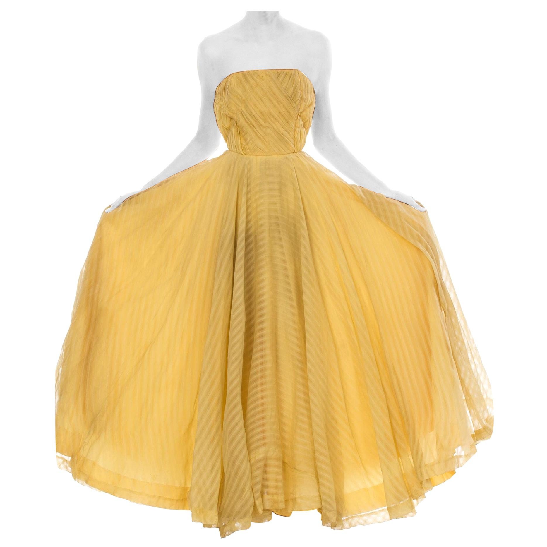 1940S Dusty Yellow Silk Chiffon Stripe Strapless Gown With Massive Ballgown Ski