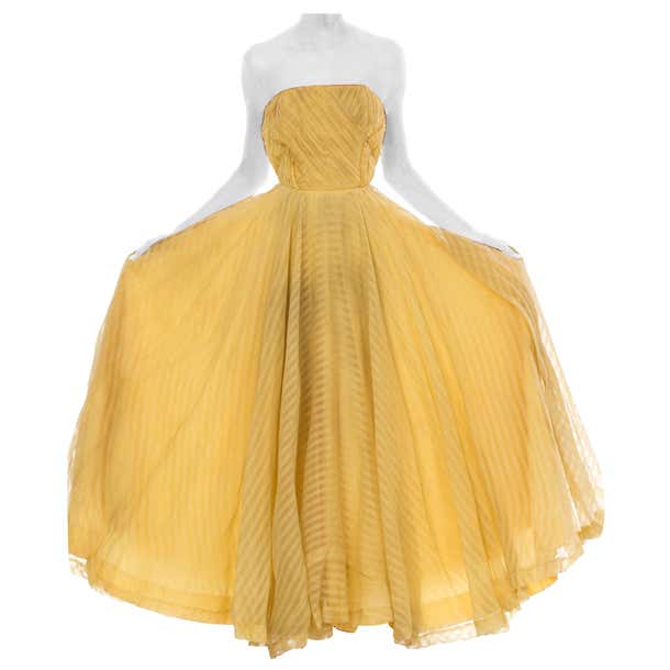 1940S Dusty Yellow Silk Chiffon Stripe Strapless Gown With Massive ...
