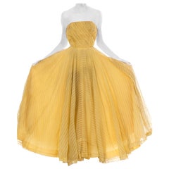 Vintage 1940S Dusty Yellow Silk Chiffon Stripe Strapless Gown With Massive Ballgown Ski