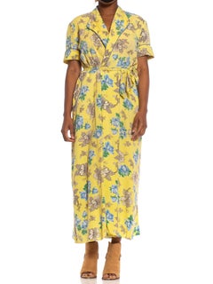 1940S Yellow Cotton Seersucker Blue Floral Wrap House Dress With Belt & Pocket