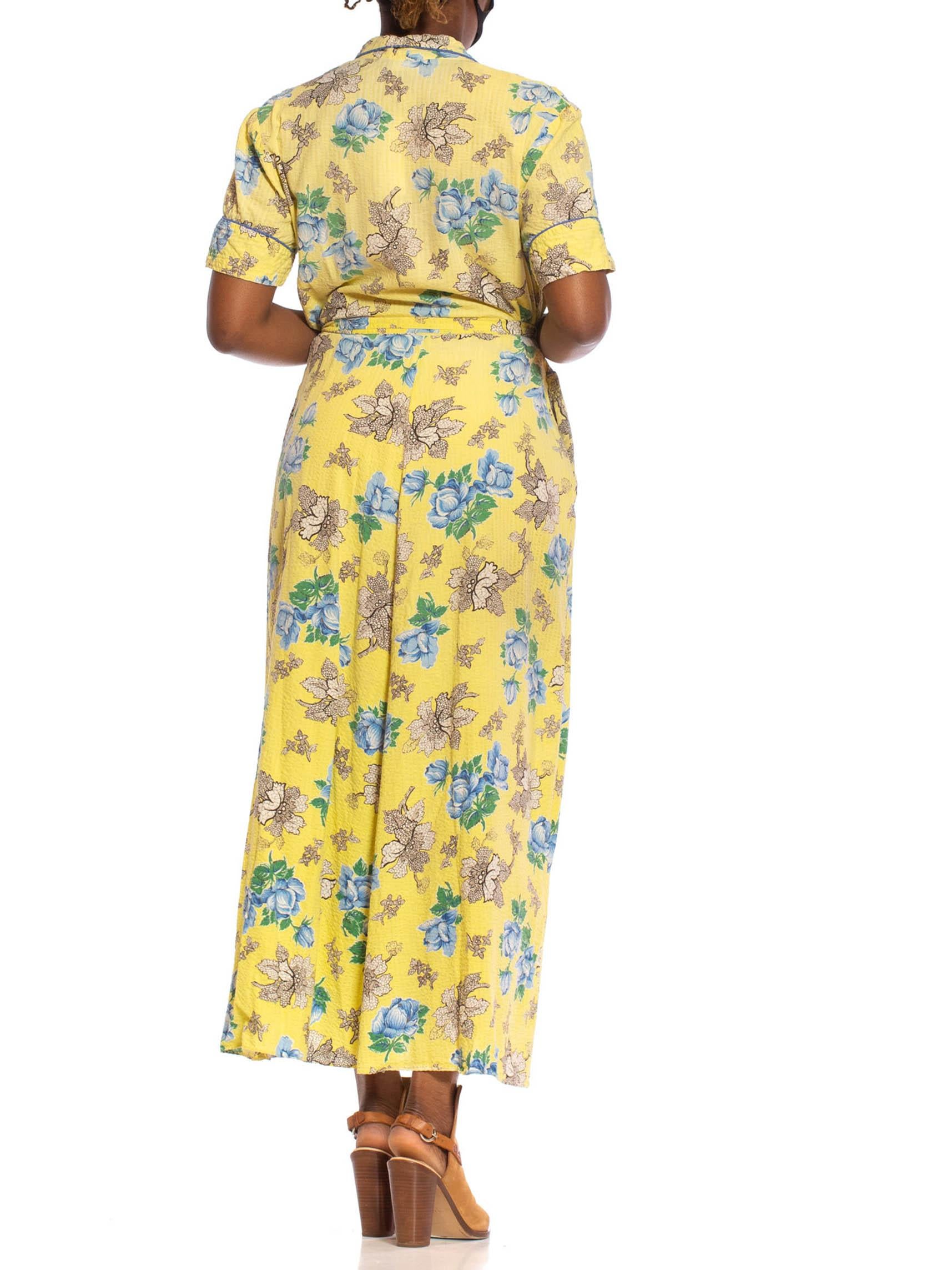 Beige 1940S Yellow Cotton Seersucker Blue Floral Wrap House Dress With Belt & Pocket For Sale