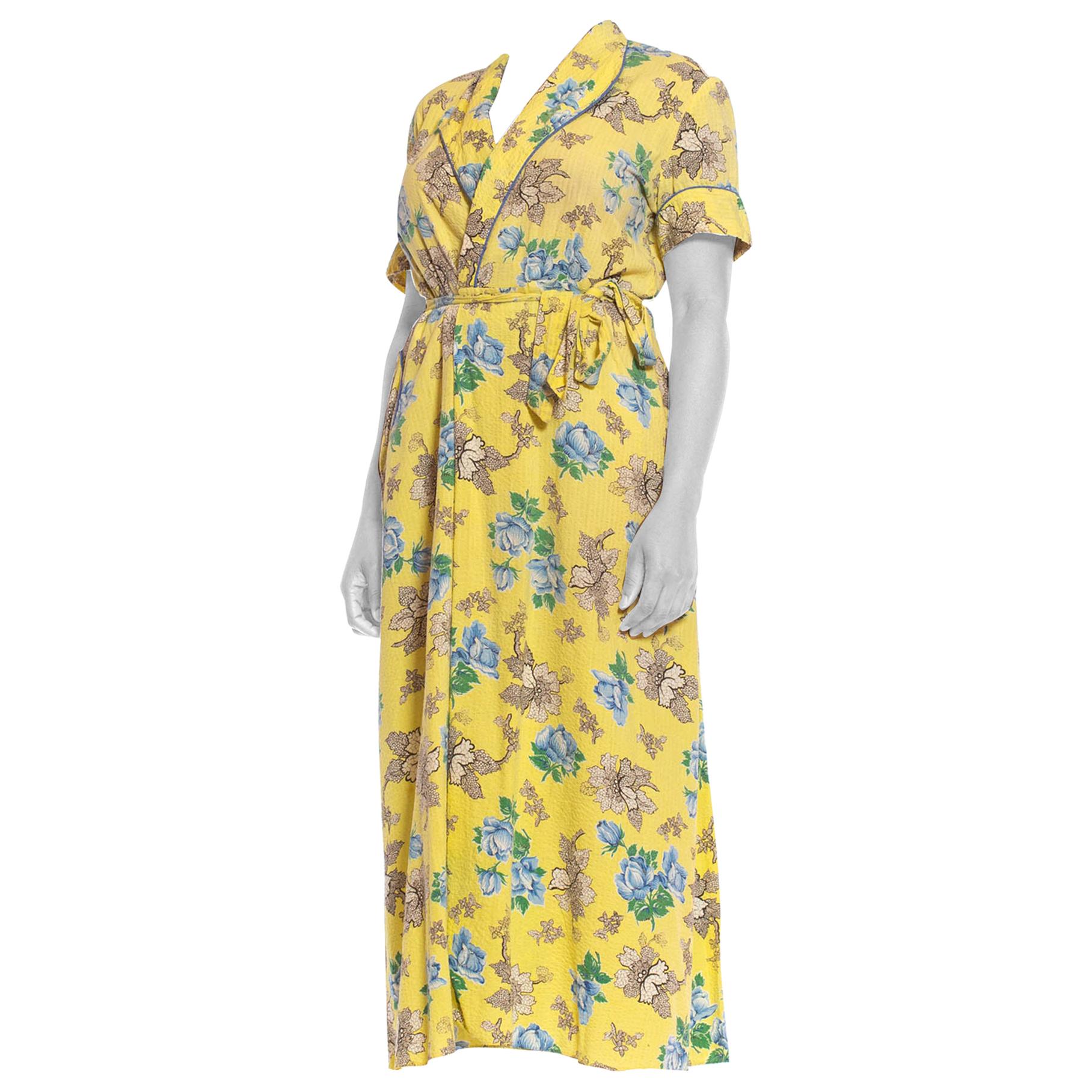 1940S Yellow Cotton Seersucker Blue Floral Wrap House Dress With Belt & Pocket For Sale