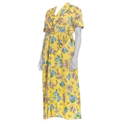 Vintage 1940S Yellow Cotton Seersucker Blue Floral Wrap House Dress With Belt & Pocket