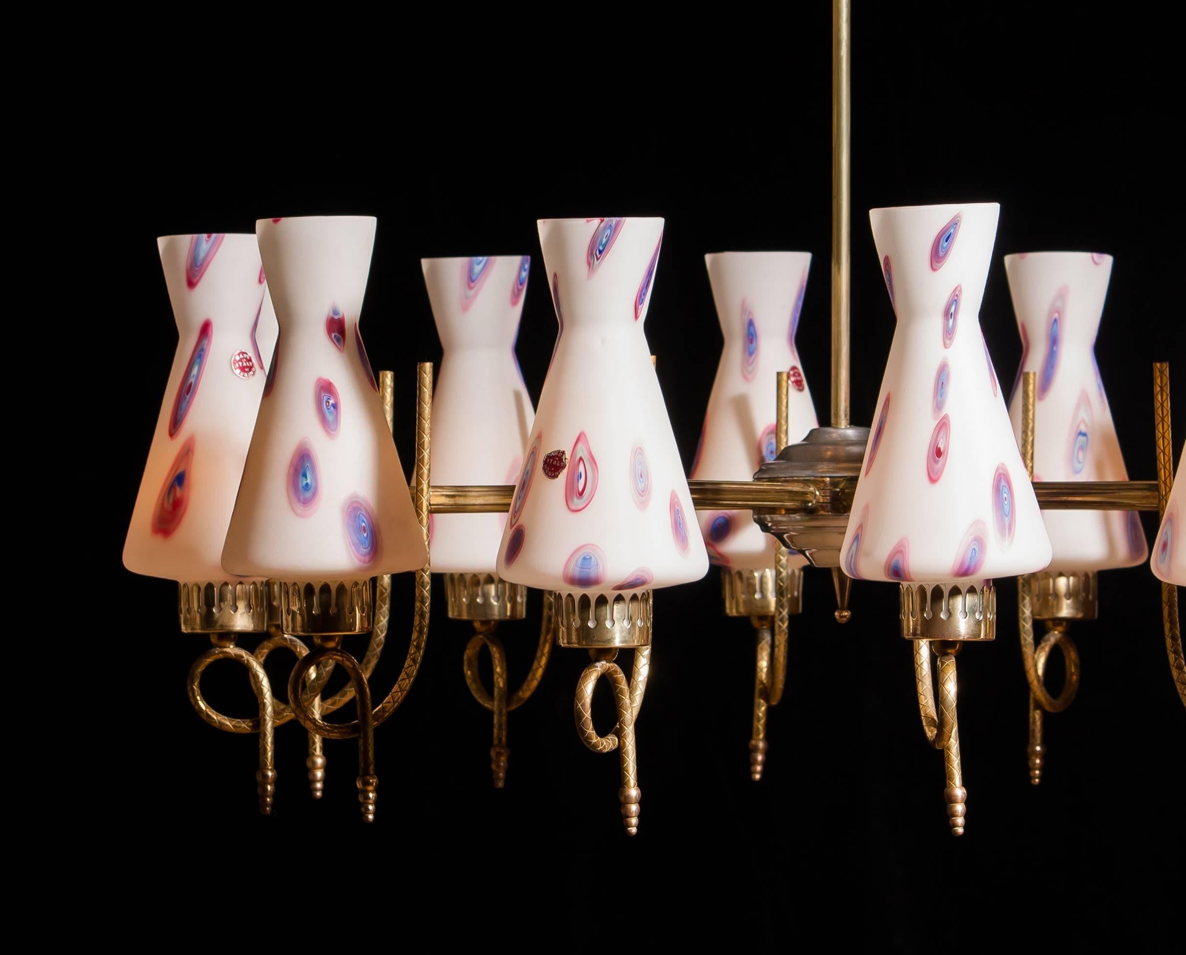 Polished 1940s, Large Brass and Multicolored Murano Venini Glass Chandelier