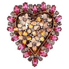 Vintage 1940sHeart Brooch With Pink Crystal Navettes & Enameled Flowers By Fashioncraft