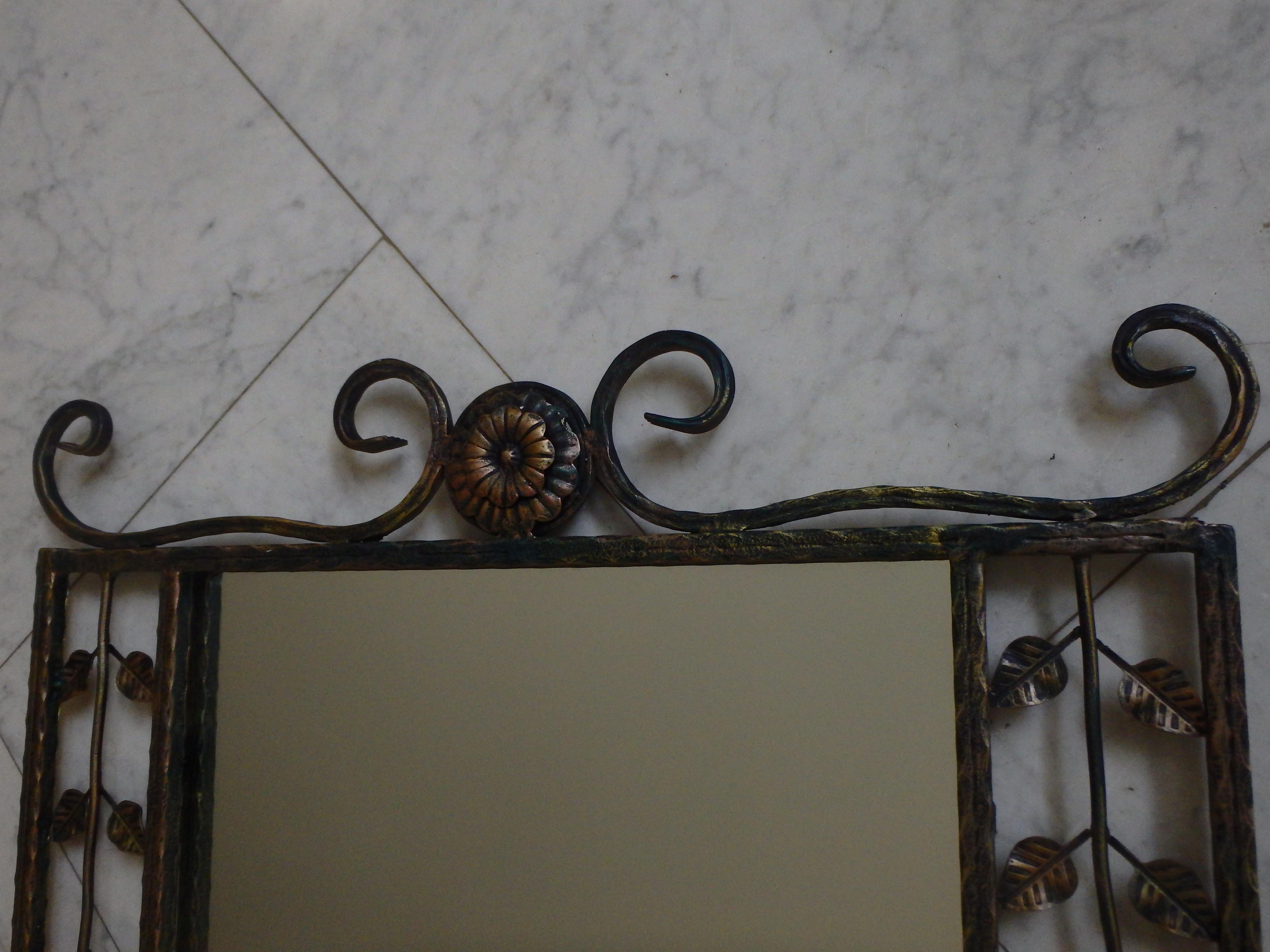 1940thies Art Deco wrought iron green console marble top with mirror For Sale 4