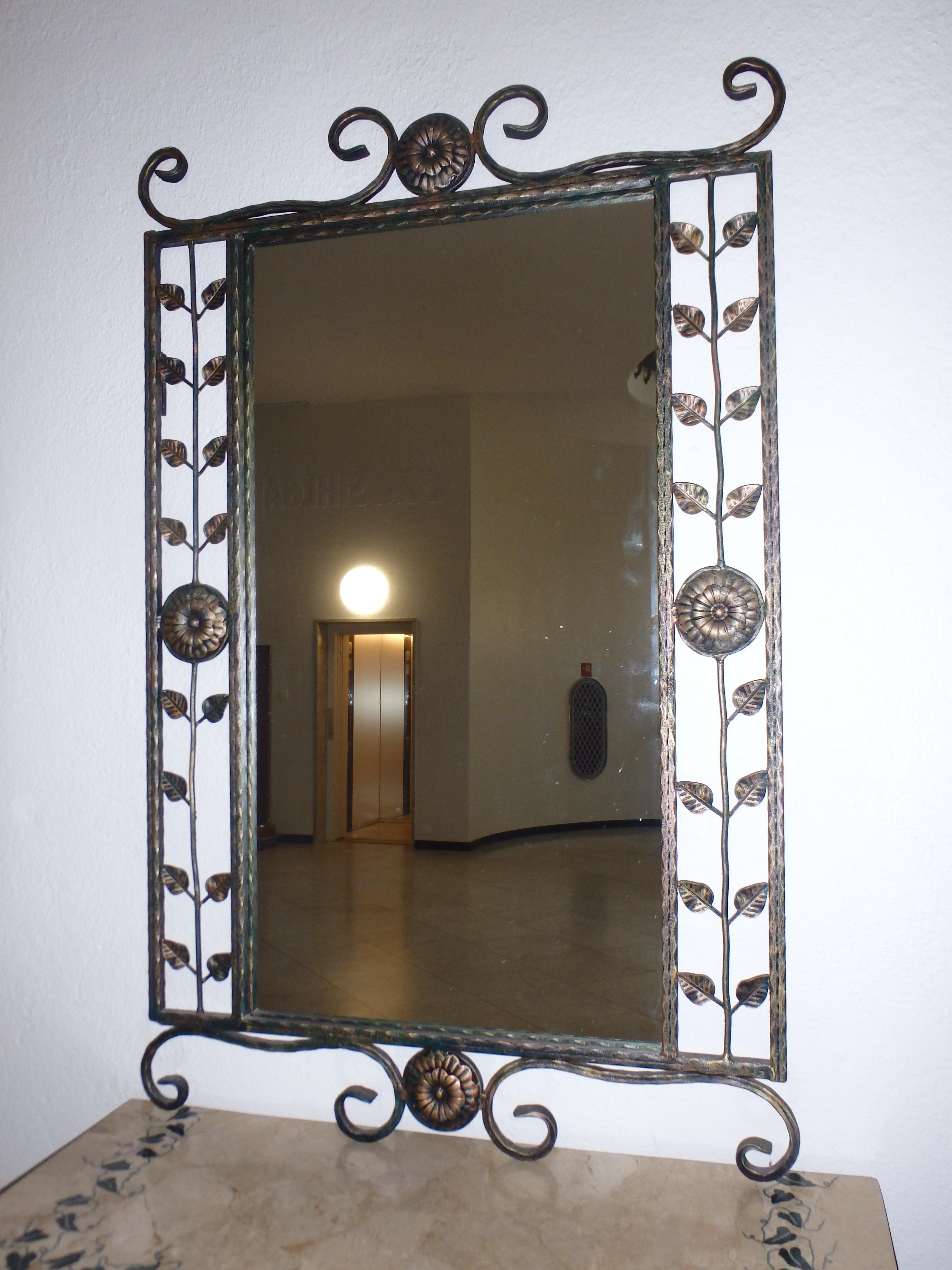 1940thies Art Deco wrought iron green console marble top with mirror For Sale 5
