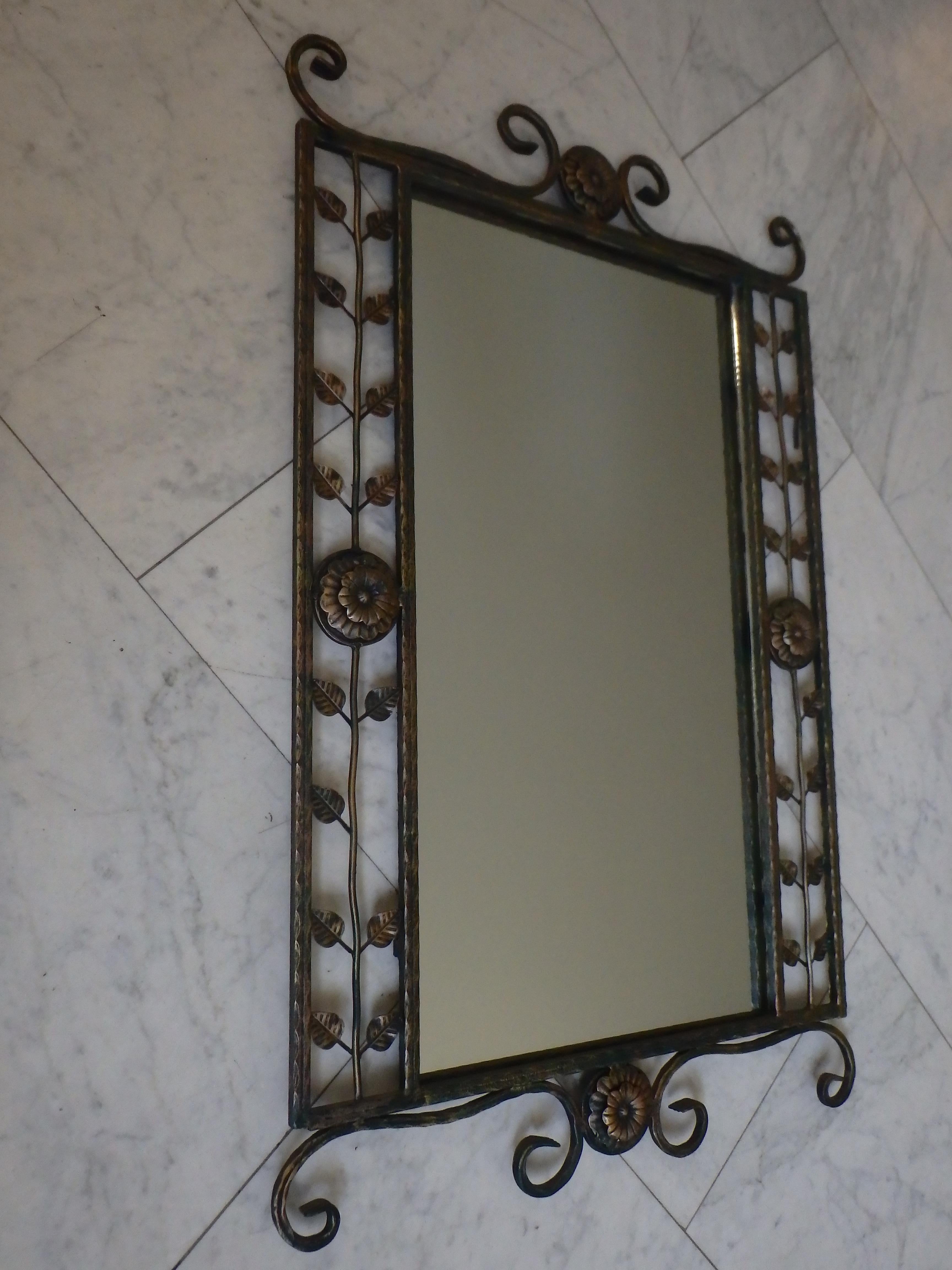 1940thies Art Deco wrought iron green console marble top with mirror For Sale 8