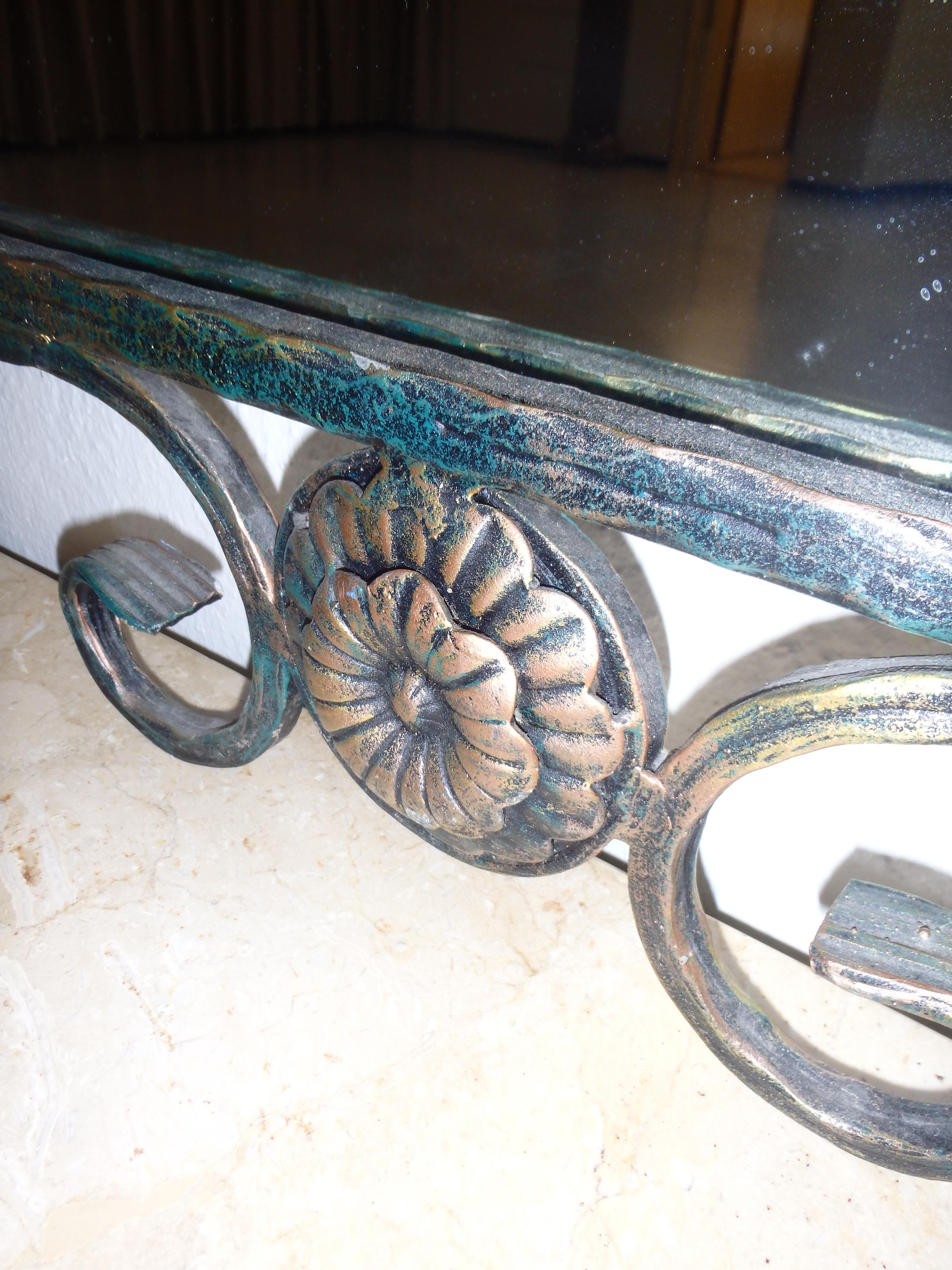 1940thies Art Deco wrought iron green console marble top with mirror For Sale 9