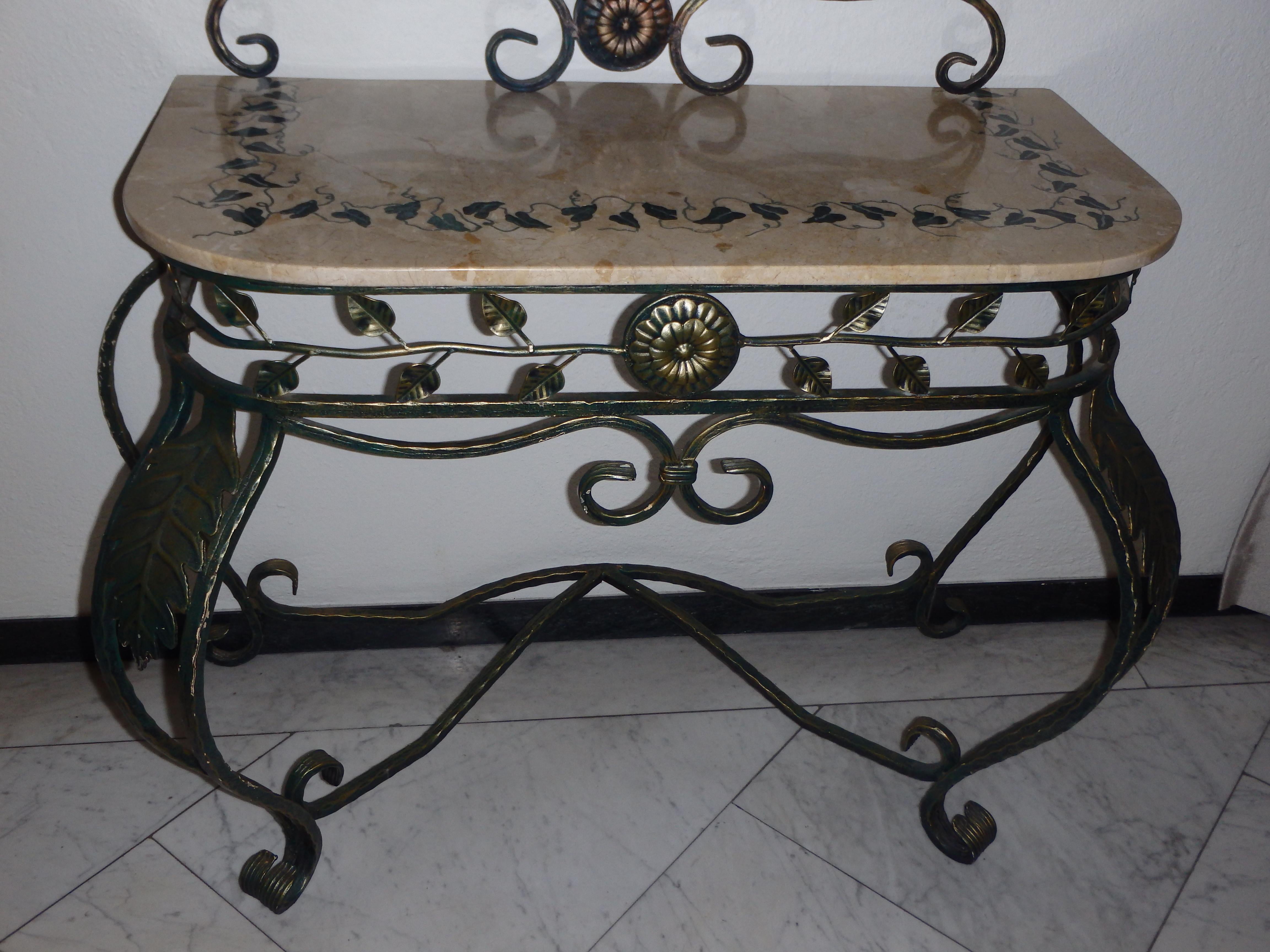1940thies Art Deco wrought iron green and gold console with beige marble top inlay-ed ivy with mirror 
