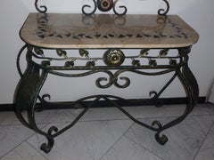 1940thies Art Deco wrought iron green console marble top with mirror
