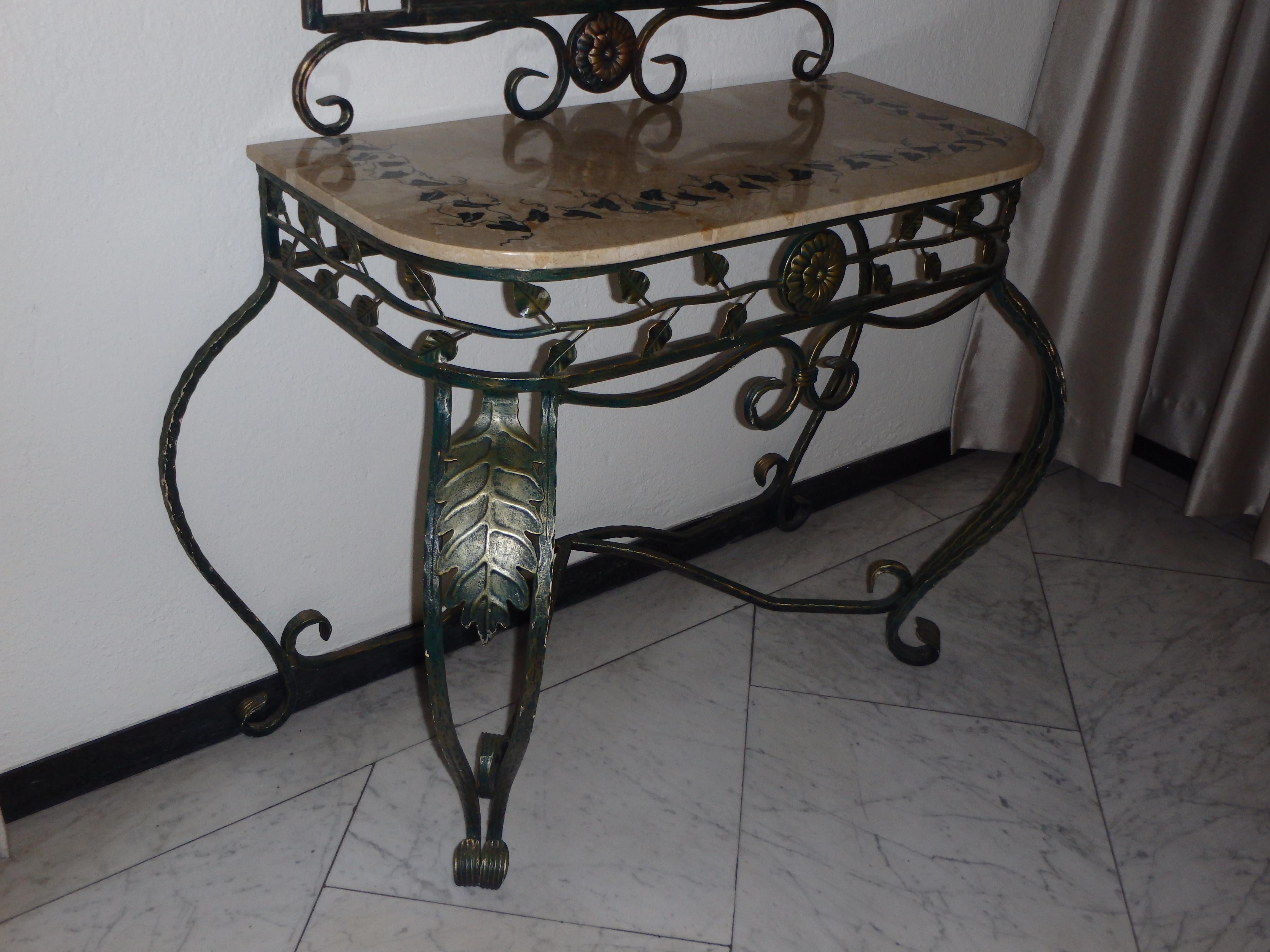 French 1940thies Art Deco wrought iron green console marble top with mirror For Sale