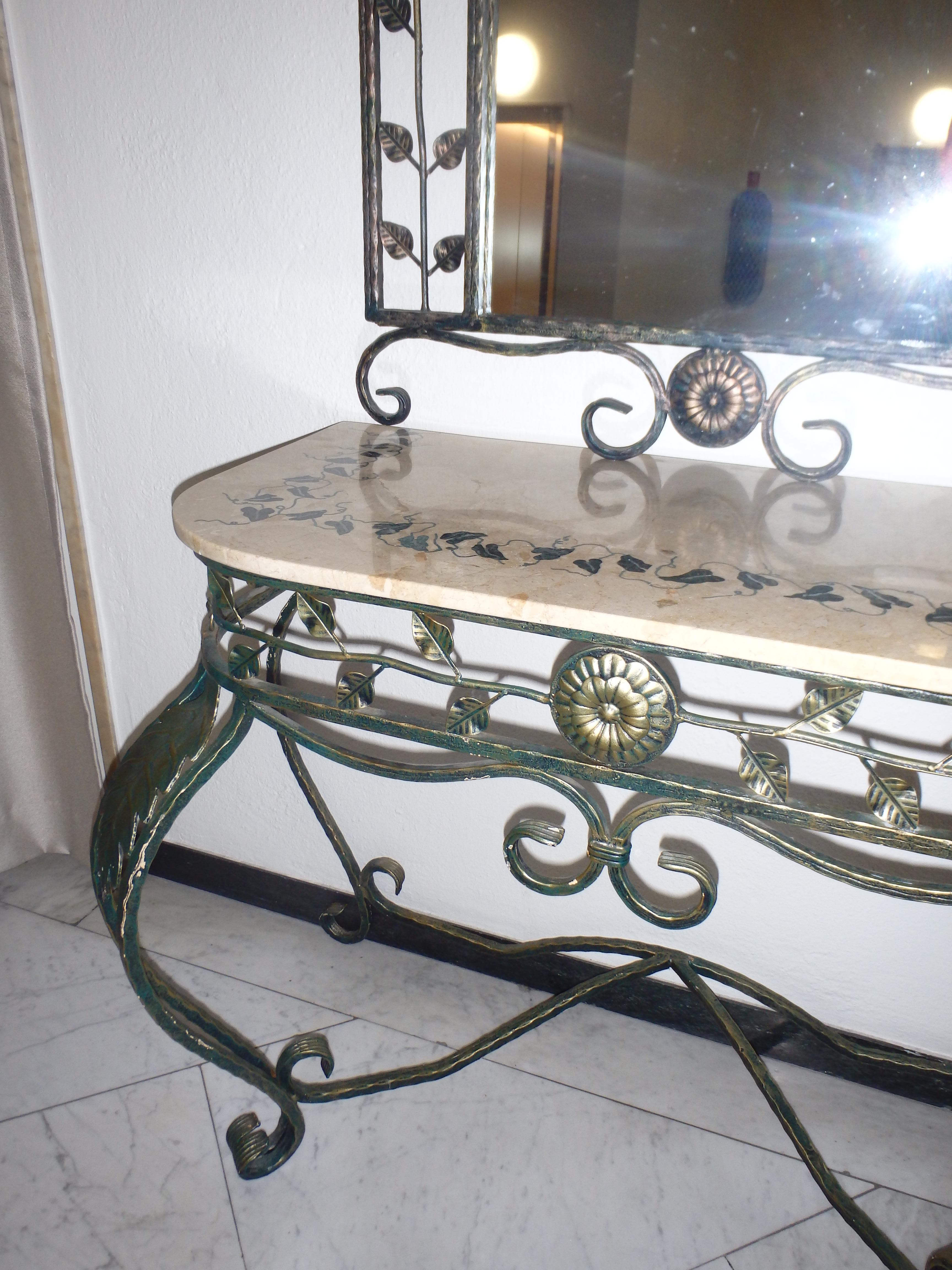 Mid-20th Century 1940thies Art Deco wrought iron green console marble top with mirror For Sale
