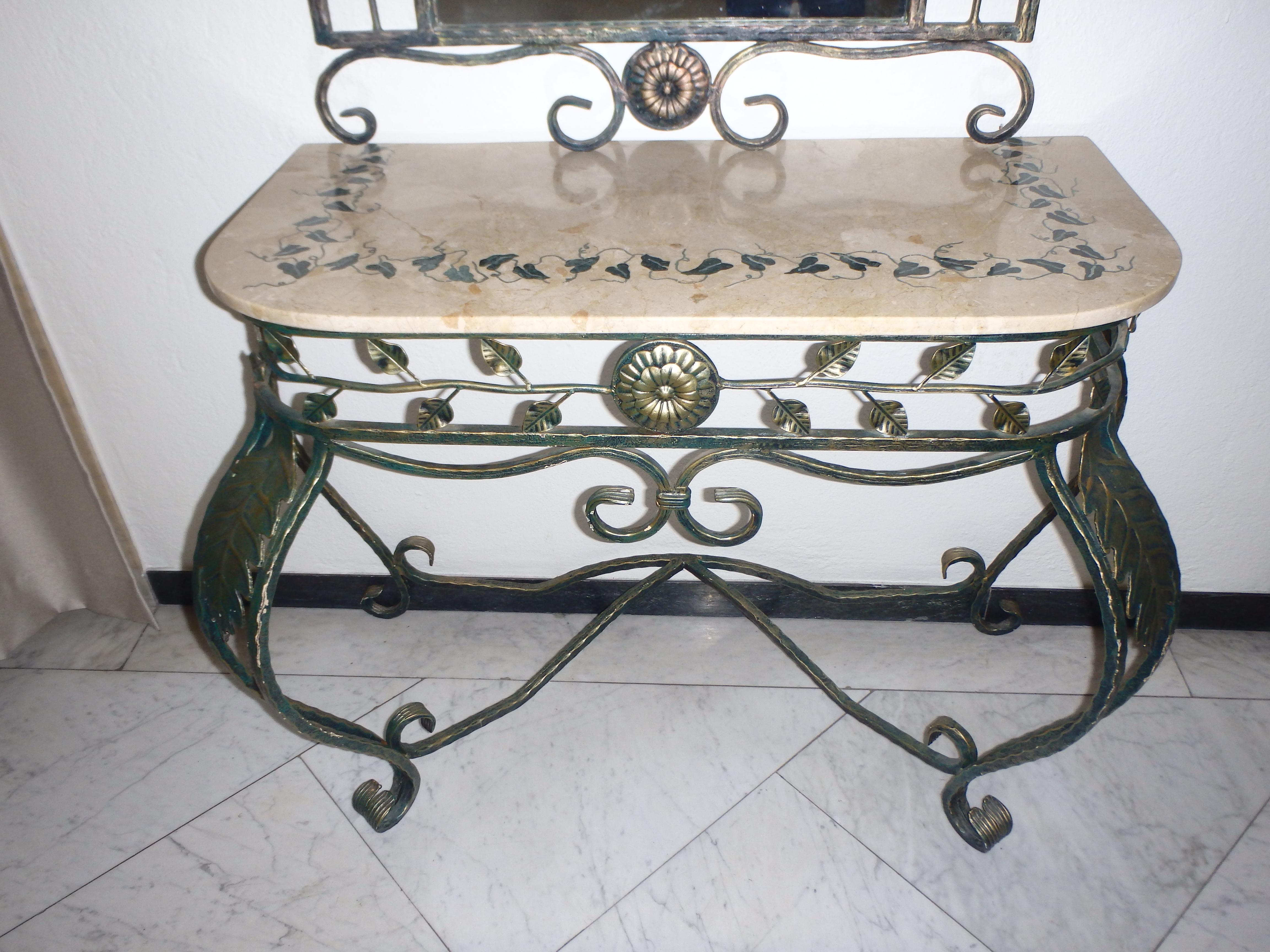 Wrought Iron 1940thies Art Deco wrought iron green console marble top with mirror For Sale