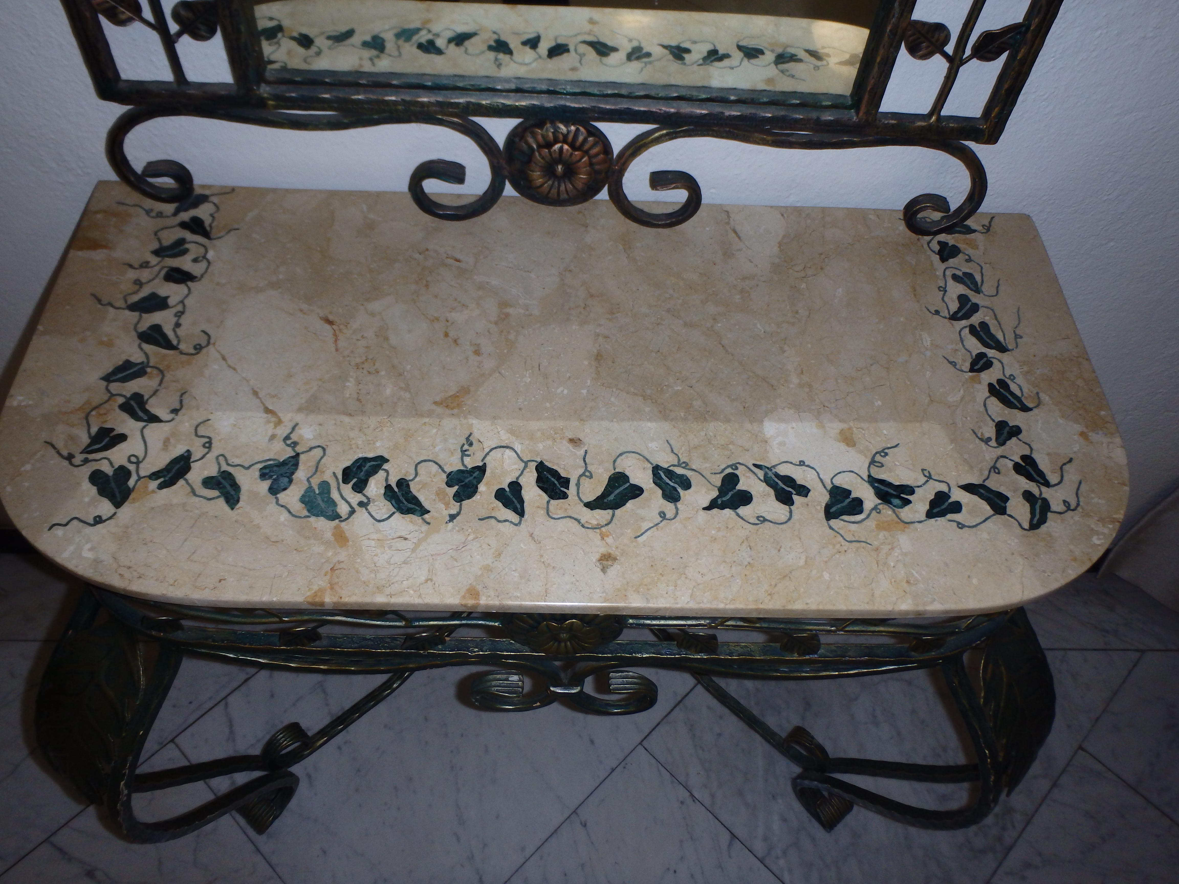 1940thies Art Deco wrought iron green console marble top with mirror For Sale 1