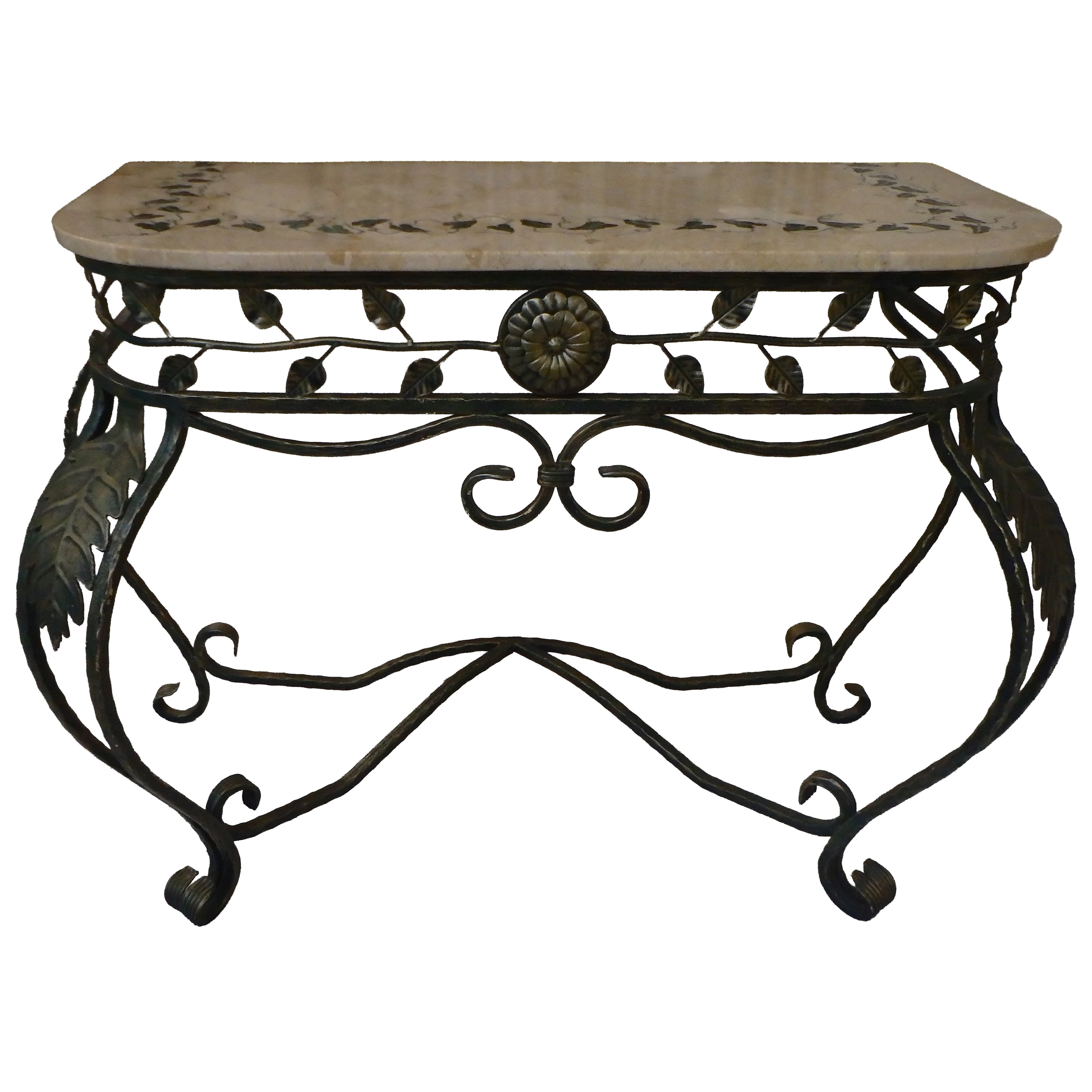 1940thies Art Deco wrought iron greengold console marble top with inlay ivy For Sale