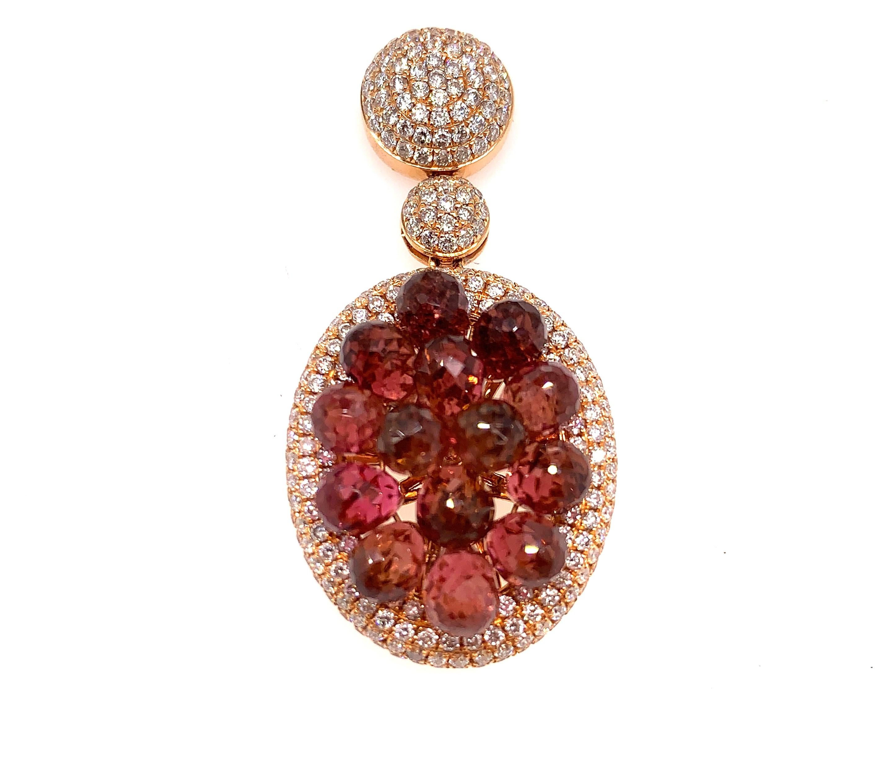 Contemporary 19.41 Carat Pink Tourmaline Earring in 18 Karat Rose Gold with Diamonds For Sale