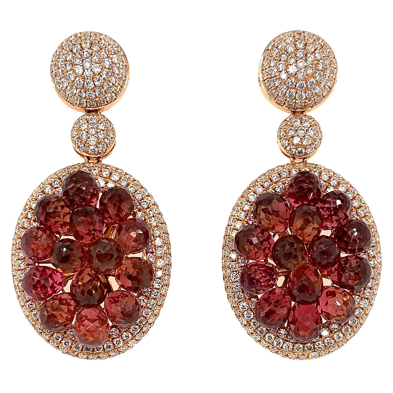 19.41 Carat Pink Tourmaline Earring in 18 Karat Rose Gold with Diamonds For Sale