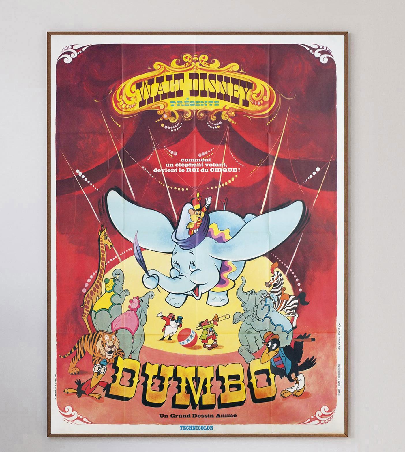 Beautiful poster of the classic Disney film Dumbo from the French release of the film. Released in 1941 by Walt Disney Productions & released by RKO Radio Pictures, Dumbo was just the fourth Disney feature film.

This great piece is from the 1970