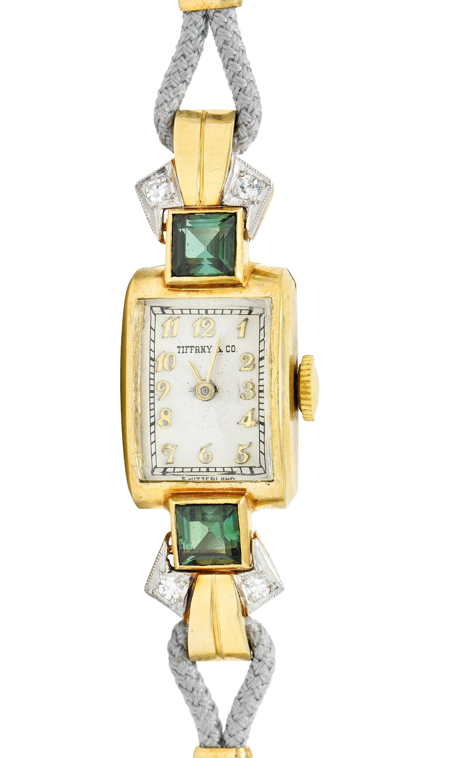 1941 Tiffany & Co. Green Tourmaline Diamond Platinum-Topped 14 Karat Gold Watch 4