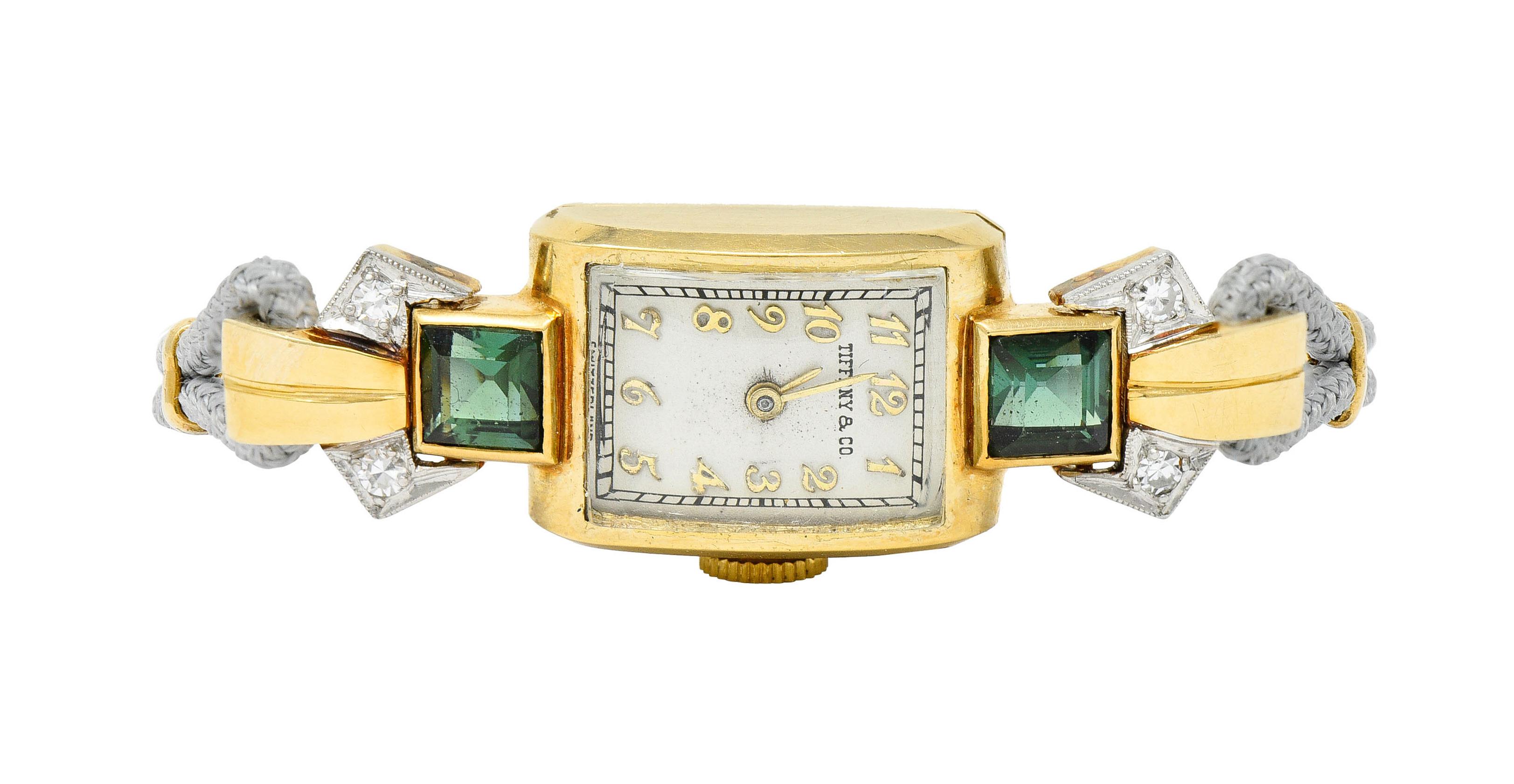 1941 Tiffany & Co. Green Tourmaline Diamond Platinum-Topped 14 Karat Gold Watch 8