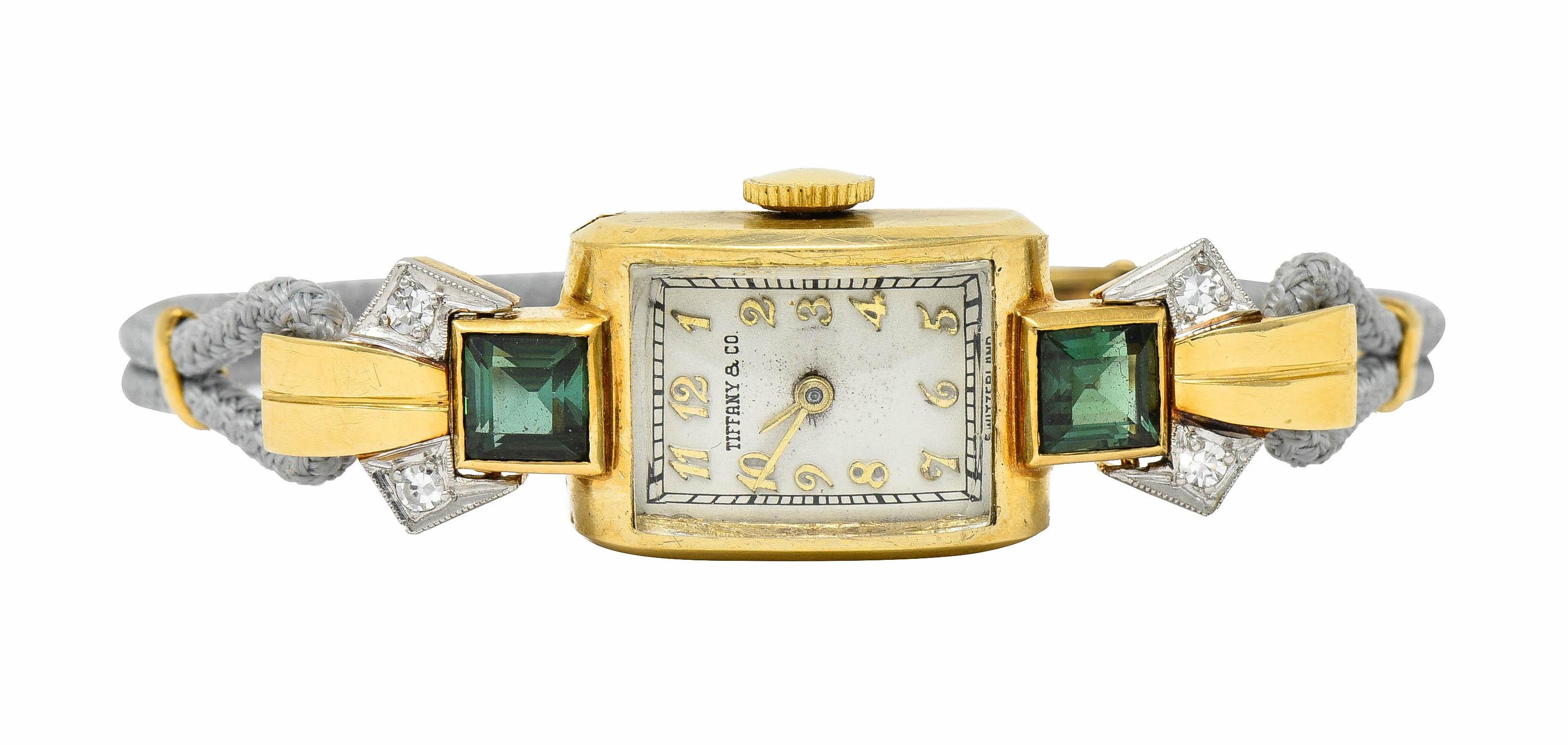 Retro 1941 Tiffany & Co. Green Tourmaline Diamond Platinum-Topped 14 Karat Gold Watch