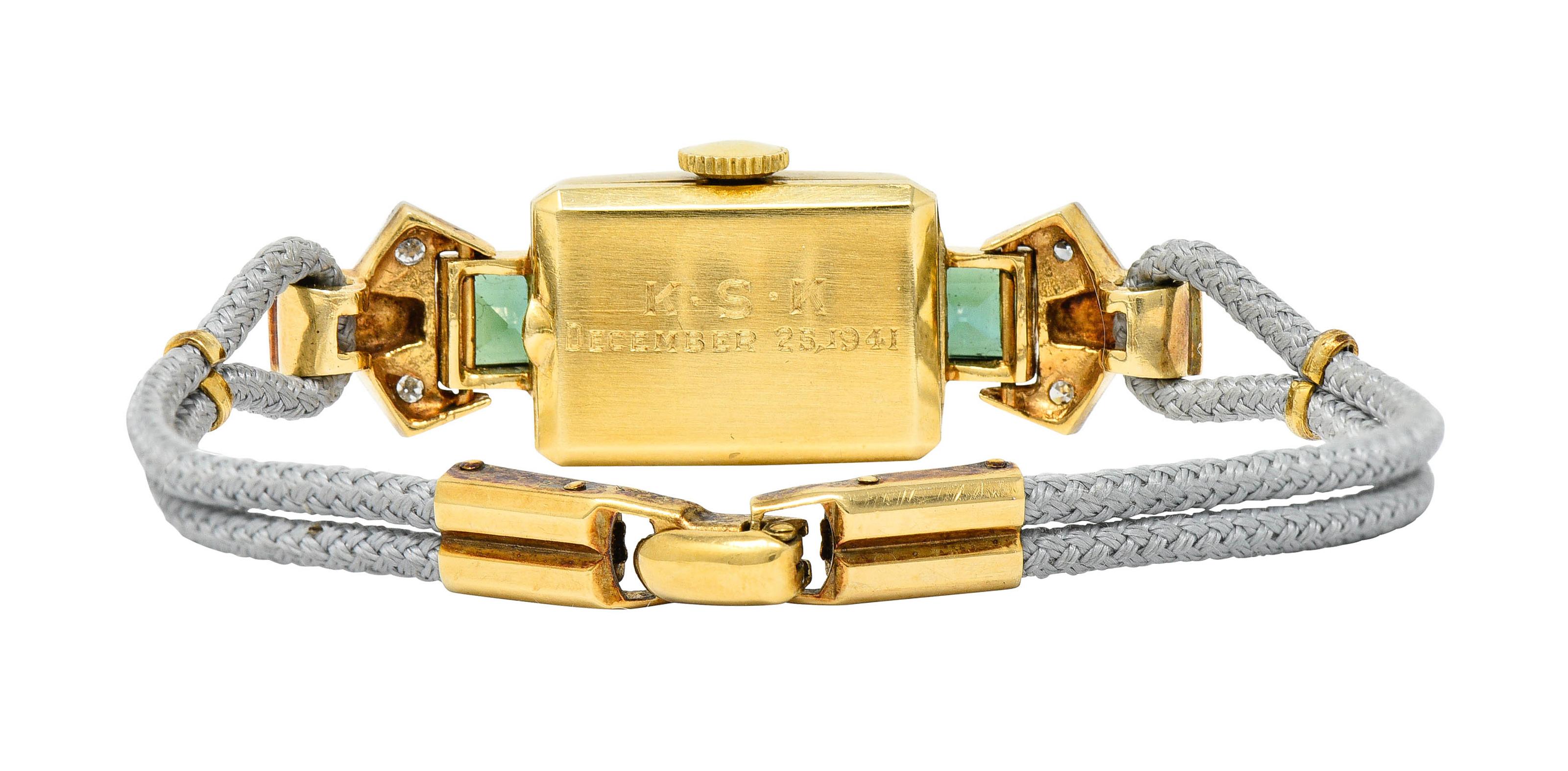 1941 Tiffany & Co. Green Tourmaline Diamond Platinum-Topped 14 Karat Gold Watch In Excellent Condition In Philadelphia, PA