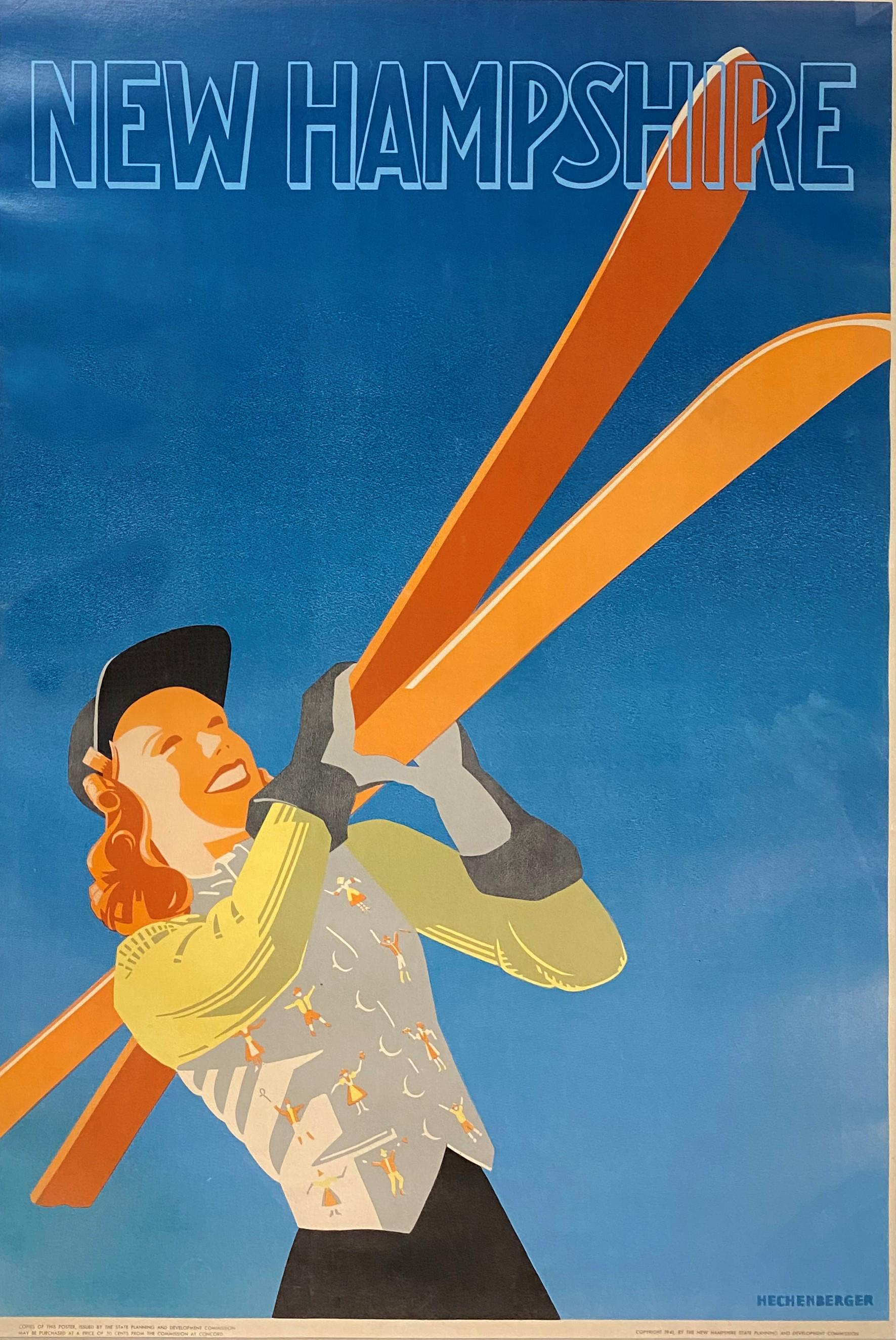 A colorful Art Deco style ski promotion poster for the White Mountains in the state of New Hampshire, one of two posters created for the state by the artist Lou Hechenberger (original work signed lower right). Lower left reads “Copies of this poster