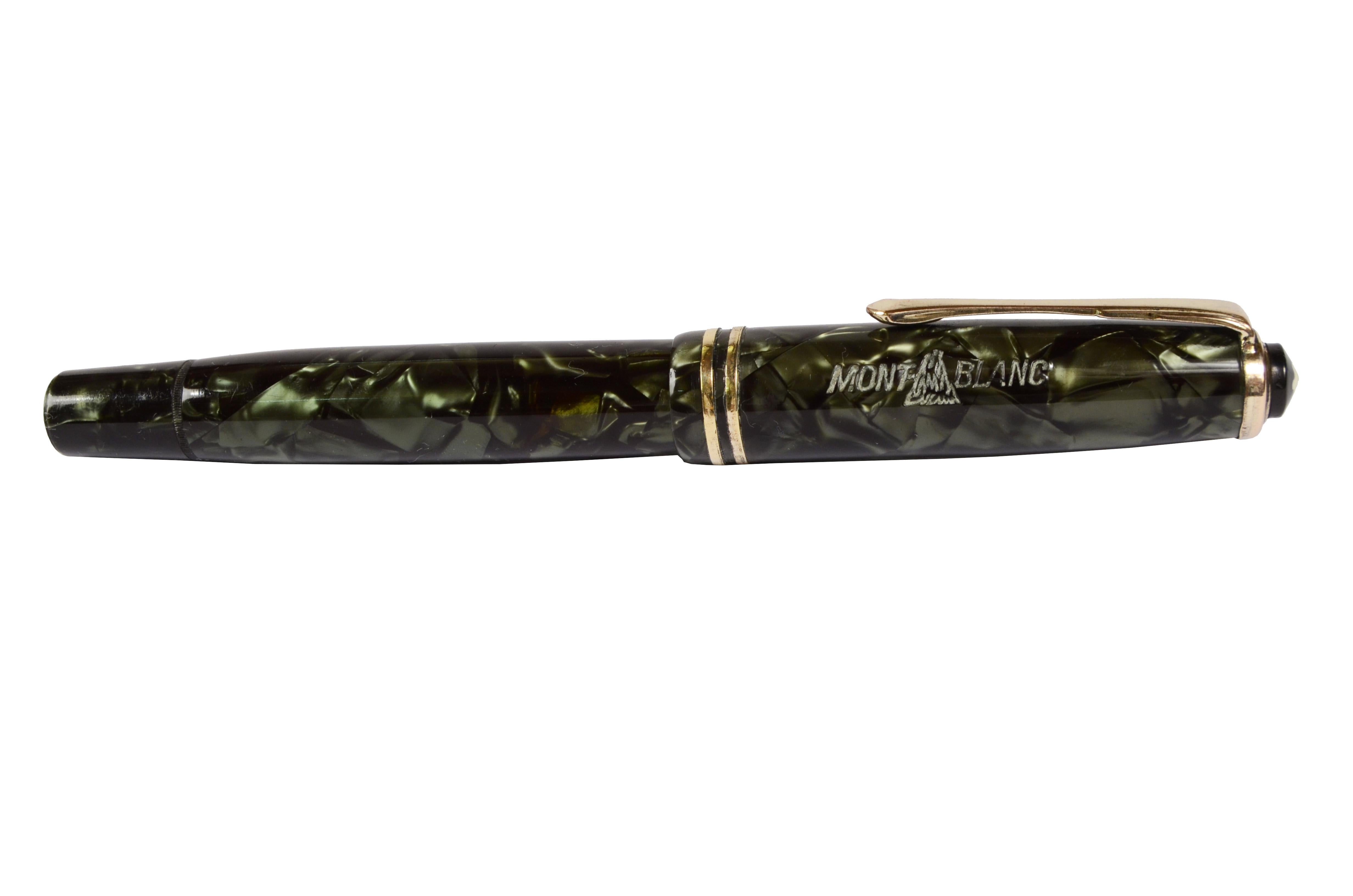 Montblanc Meisterstuck 244 EF dark green marbled celluloid fountain pen, Danish made, produced between 1941 and 1954 piston filling, original Montblanc nib n. 4 in 14-karat gold. 
The 24x series was a mid-tier offering, as indicated in the 