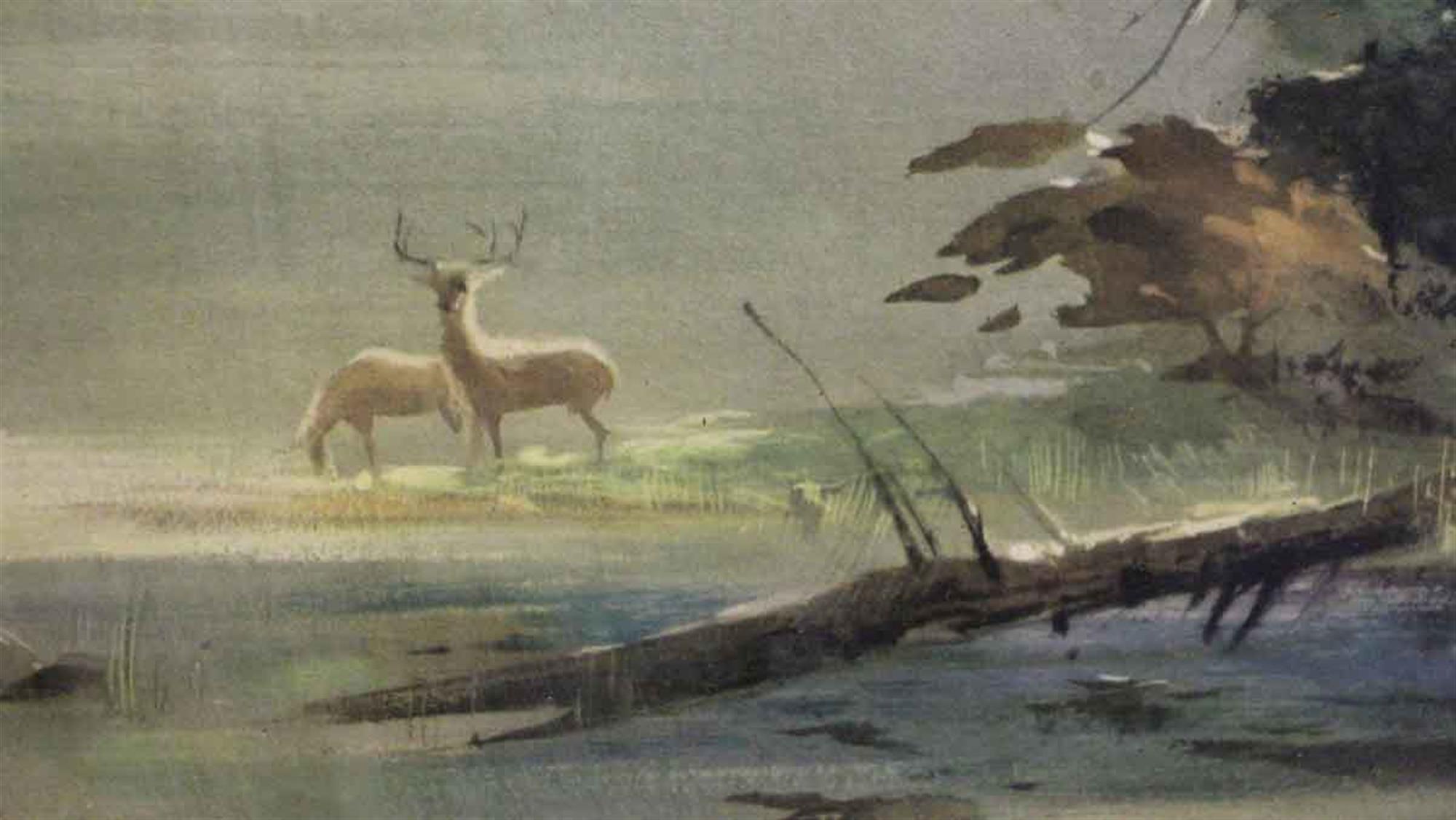This is a reproductive lithograph of deer in the forest from the same illustrator for the Disney film Bambi, Tyrus Wong from 1955. Titled Imaginary Landscape No. II. This is nicely framed in an old wood frame with glass. There is some minor wear