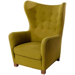 1942 Fritz Hansen Model 1672 Wing Back Chair in Original Green Wool Fabric