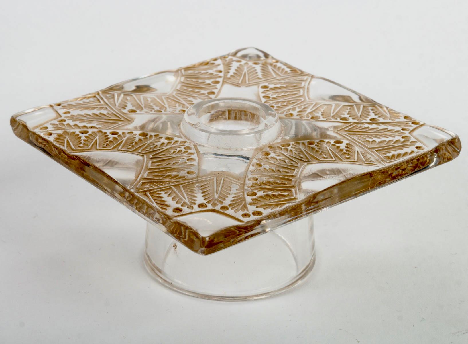 Art Glass 1942 Rene Lalique Centerpiece Chantilly Glass Sepia Stain 2 Bowls 6 Candlesticks