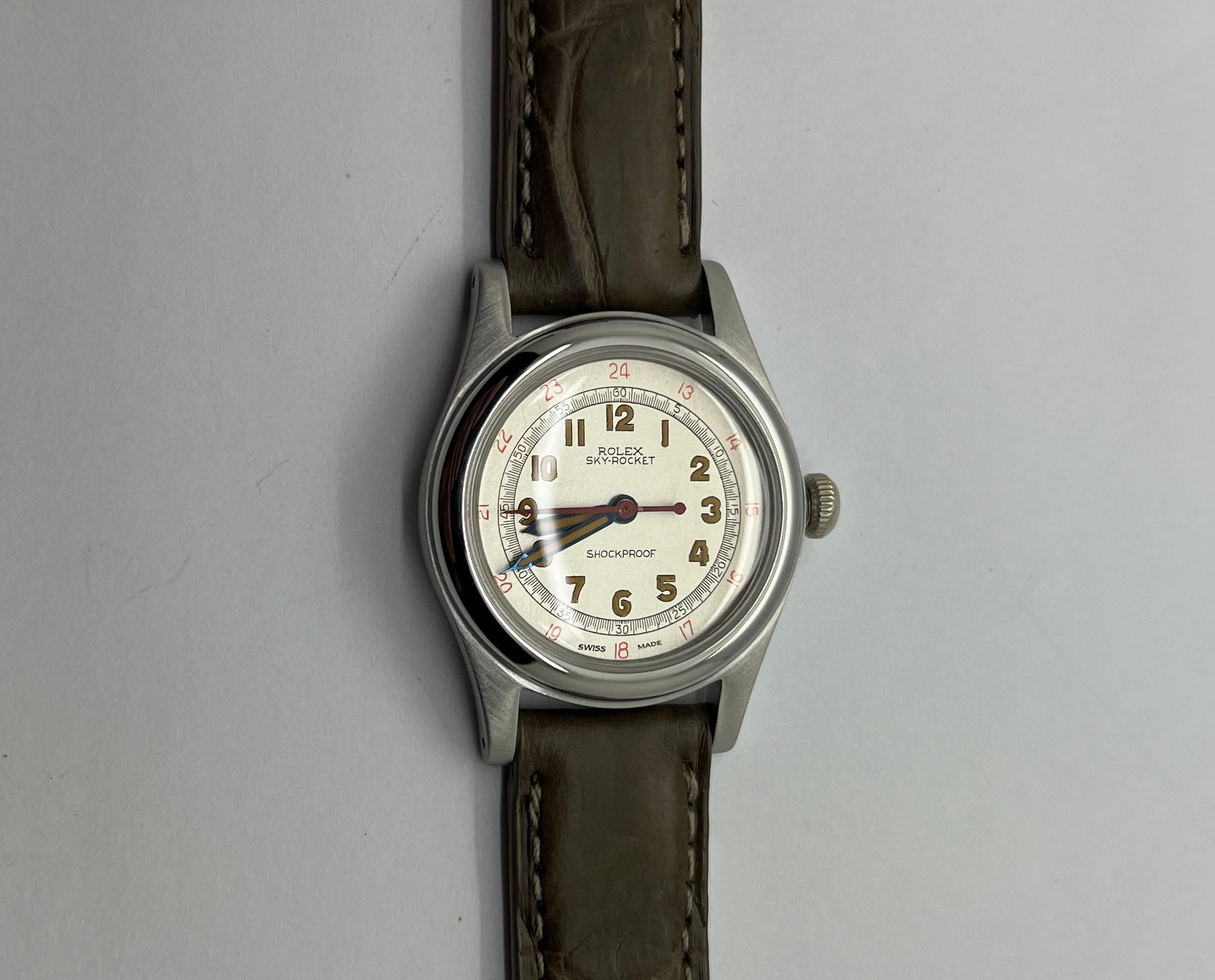 A RARE ROLEX SKYROCKET SHOCKPROOF WATCH FROM THE 1940-1949 PERIOD.

But first a commerical message: Welcome to Vintage watch Corner. As you look through my inventory you will notice I have a soft spot for the “Art Deco” period. This offering is no