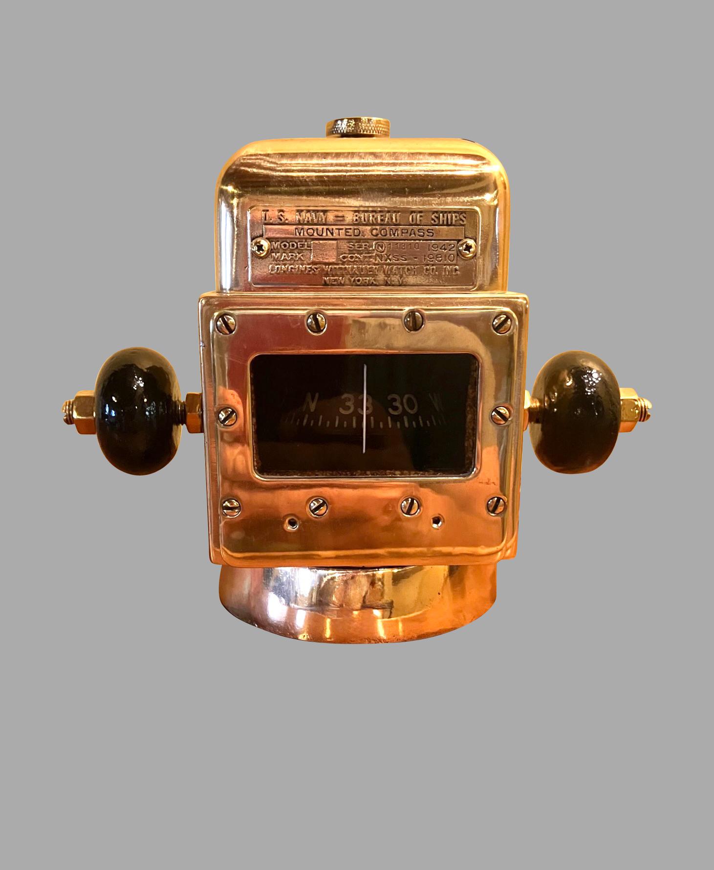 1942 U.S. Navy Bureau of Ships Boussole montée par Longines Wittnauer Watch Co. Bon état - En vente à San Francisco, CA