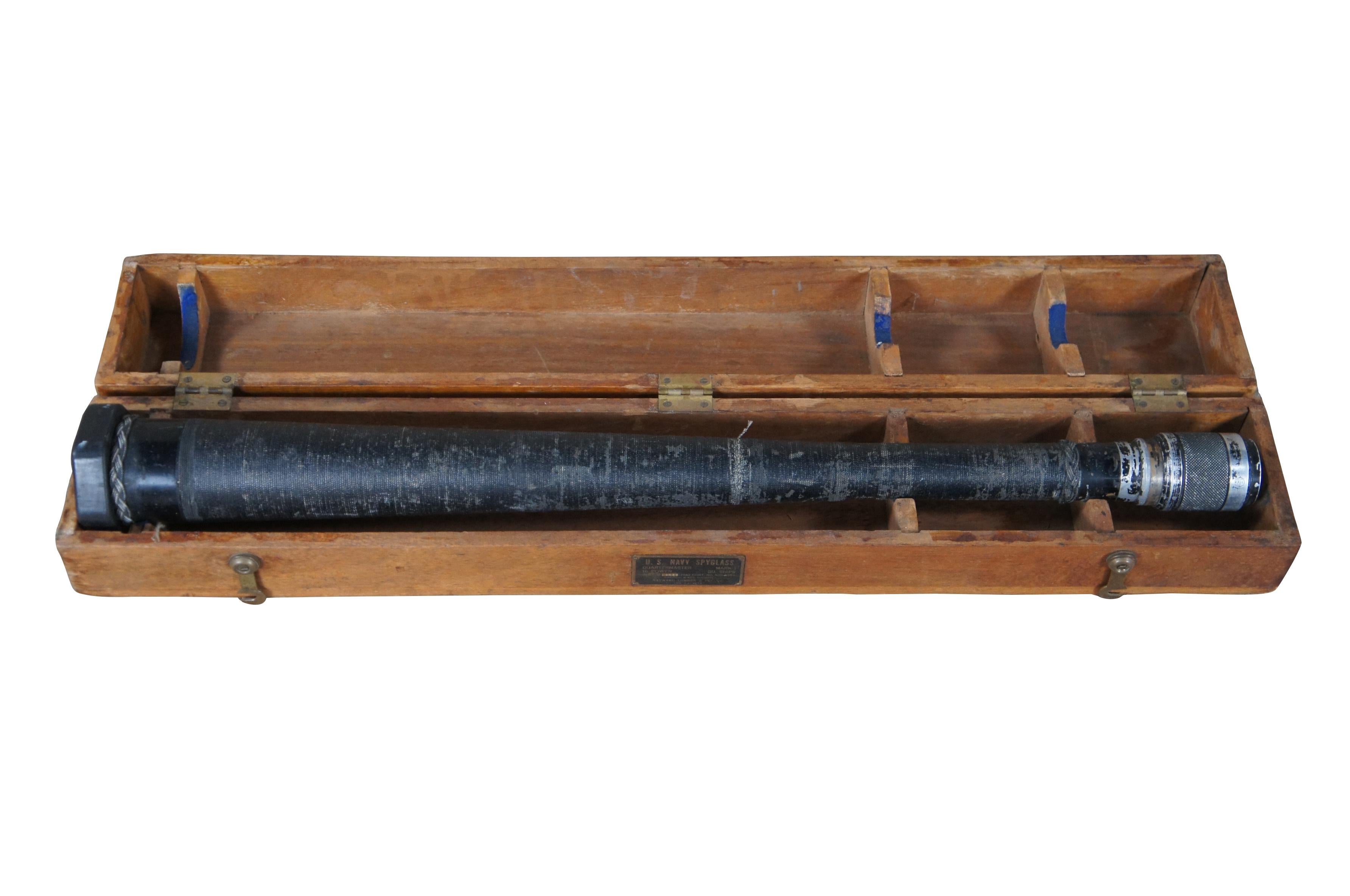 Antique Hayward Lumber & Inv Co of Los Angeles nautical maritime military ship spyglass / telescope / scope. Quartermaster, Mark II, 16 Power, Chemical & MFG Division.  This telescope served the United States Navy circa 1942.  Includes wooden case,