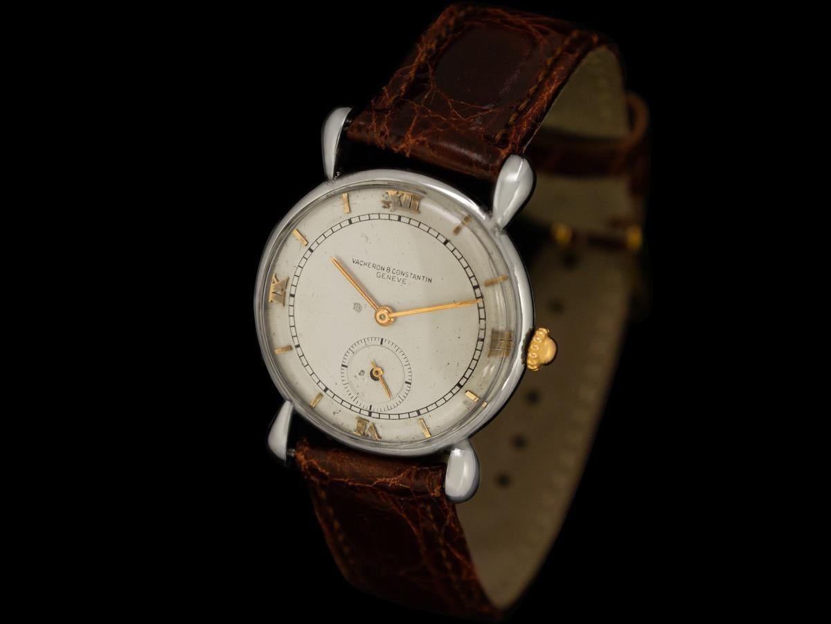 1942 Vacheron & Constantin Vintage Herren Tear Drop Uhr - SS & 18K Rose Gold im Zustand „Gut“ im Angebot in Suwanee, GA