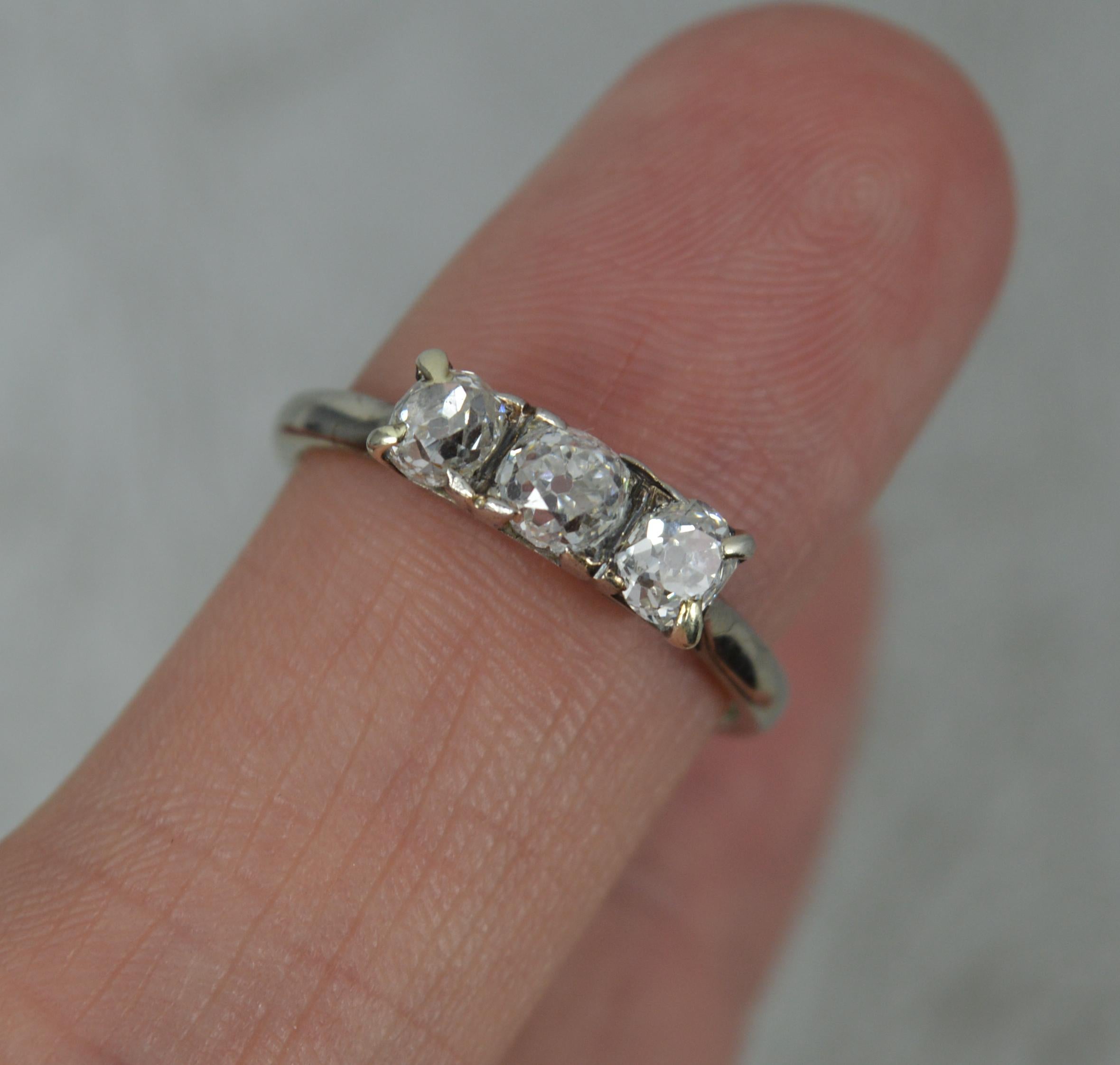 1943 0.85ct Old Mine Cut Diamond 18ct White Gold Trilogy Ring 4