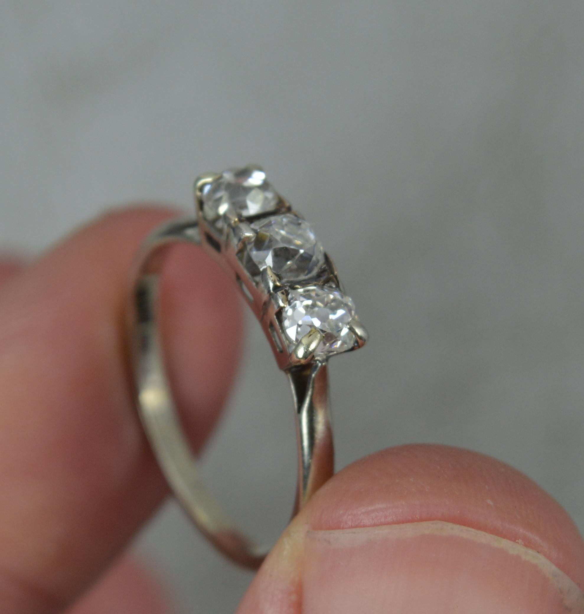 1943 0.85ct Old Mine Cut Diamond 18ct White Gold Trilogy Ring 1